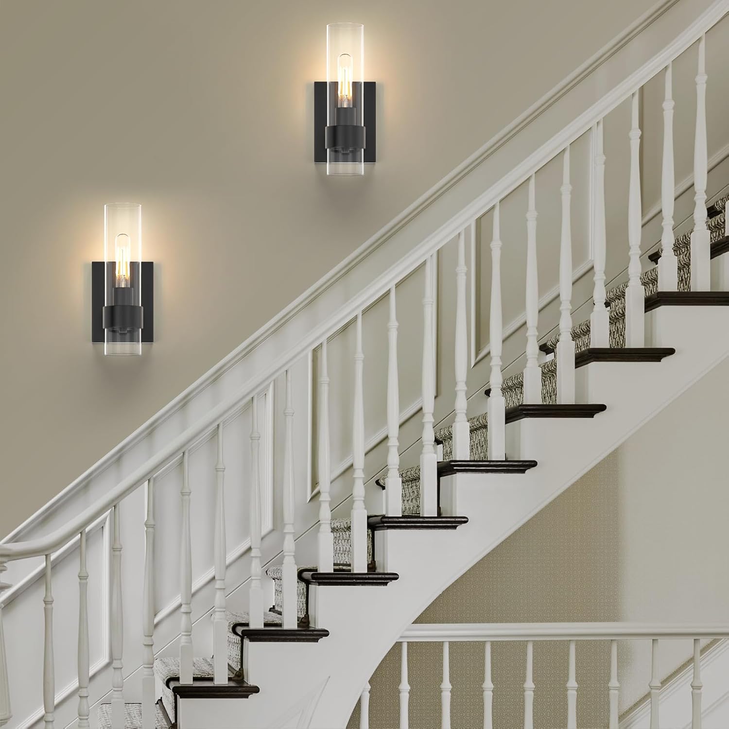 Zevluck Wall Sconces Set of 2, Matte Black Bathroom Vanity Light with Cylinder Clear Glass, Modern Hardwired Vanity Wall Lamps for Bathroom, Bedroom, Living Room, Stairs, Hallway