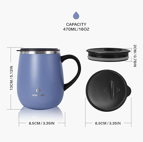 Miniatura 5 de Ideus - Taza de café aislada de 16 oz con asa y tapa, taza de café térmica de acero inoxidable de doble pared con aislamiento al vacío, taza de café
