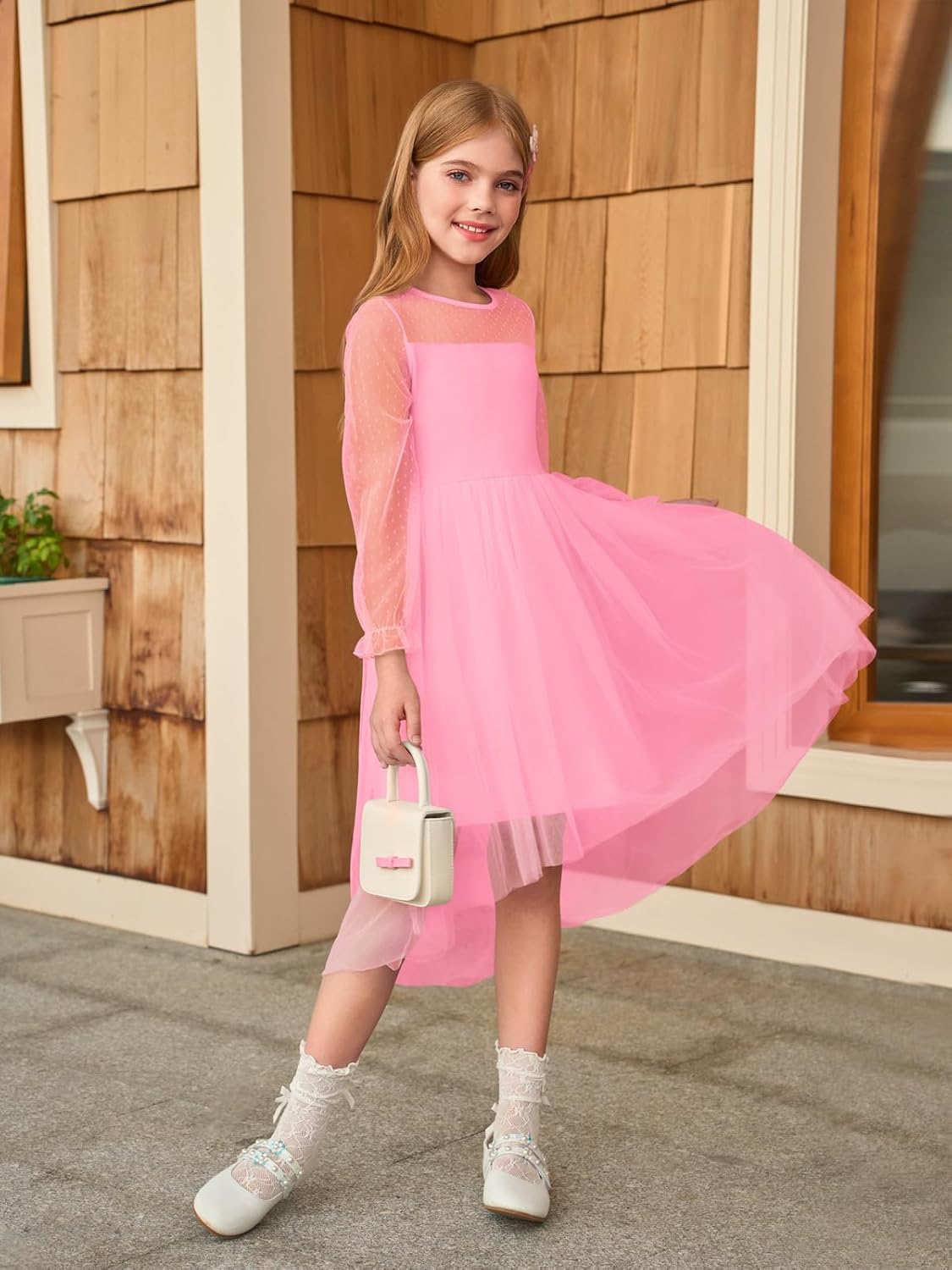 Haloumoning Girls Dresses Kids Contrast Mesh Long Sleeve Twirly High Low Birthday Party Formal Dress 5-14 Years - Image 4