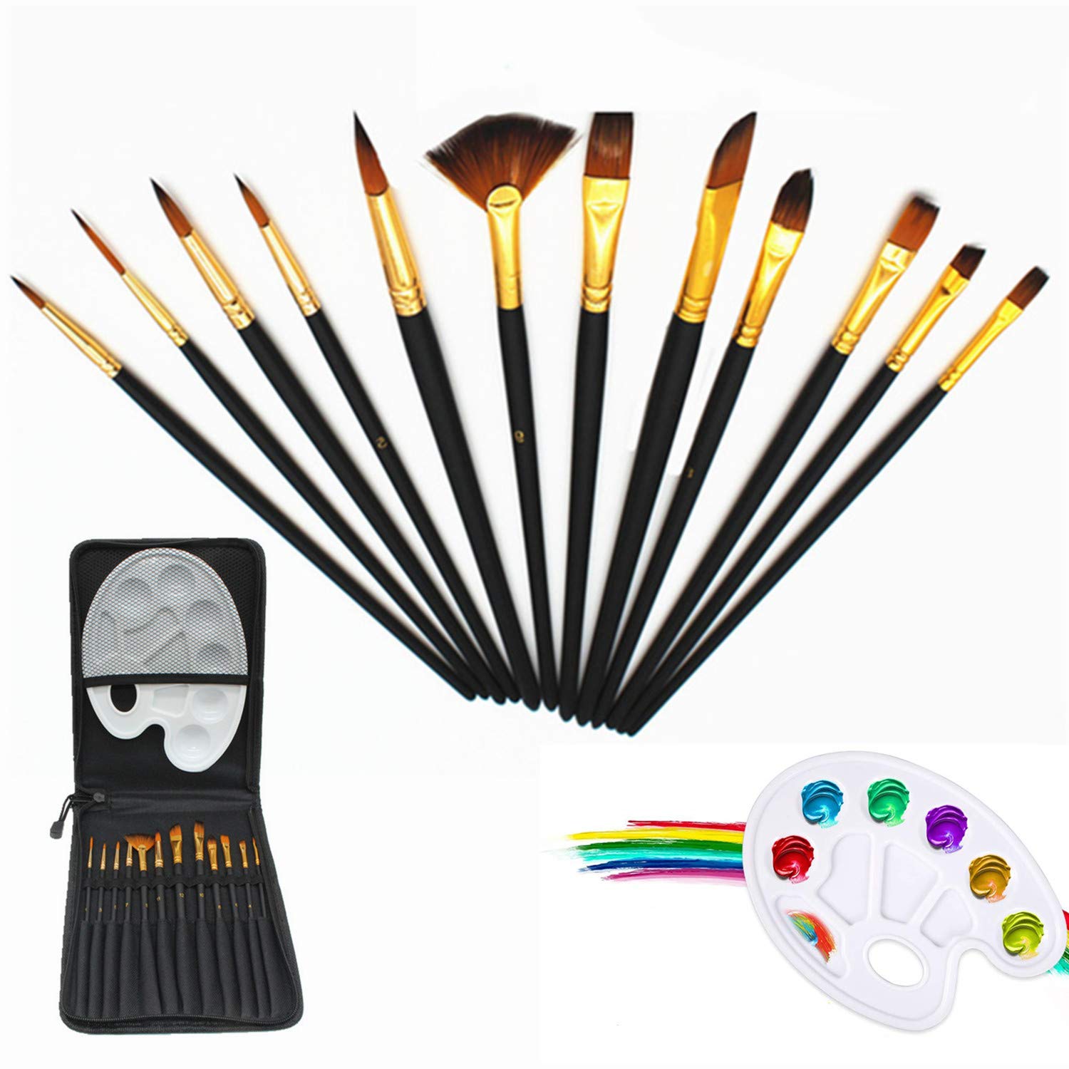 Professional Painting Nylon Hair Brush Kit with Palette and Bag Set (12 Pieces)