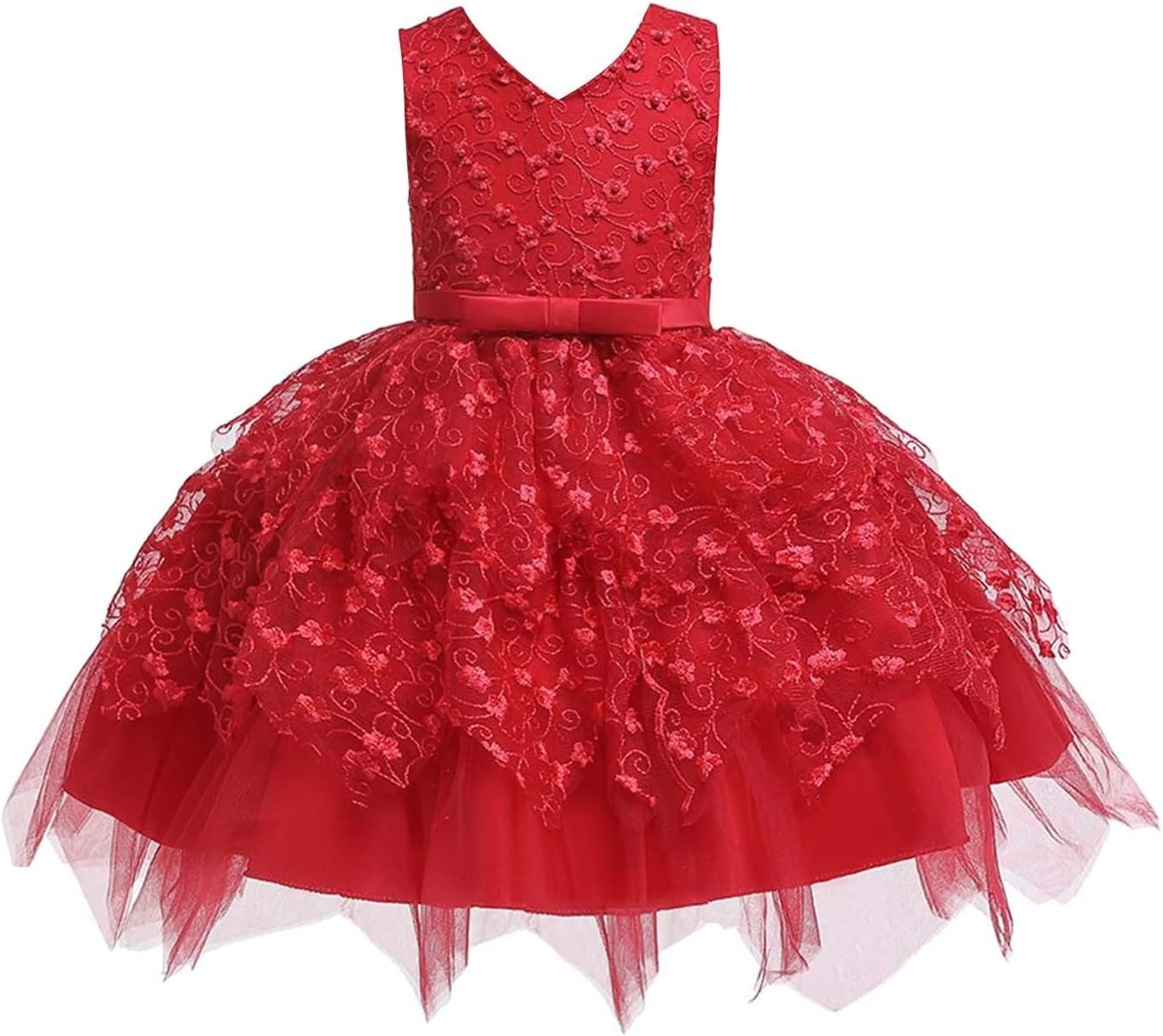 Girls Tulle Dress Embroidered Floral Ball Gown Sleeveless V Neck A Line Tulle Dresses Fluffy Lace Performance Dress
