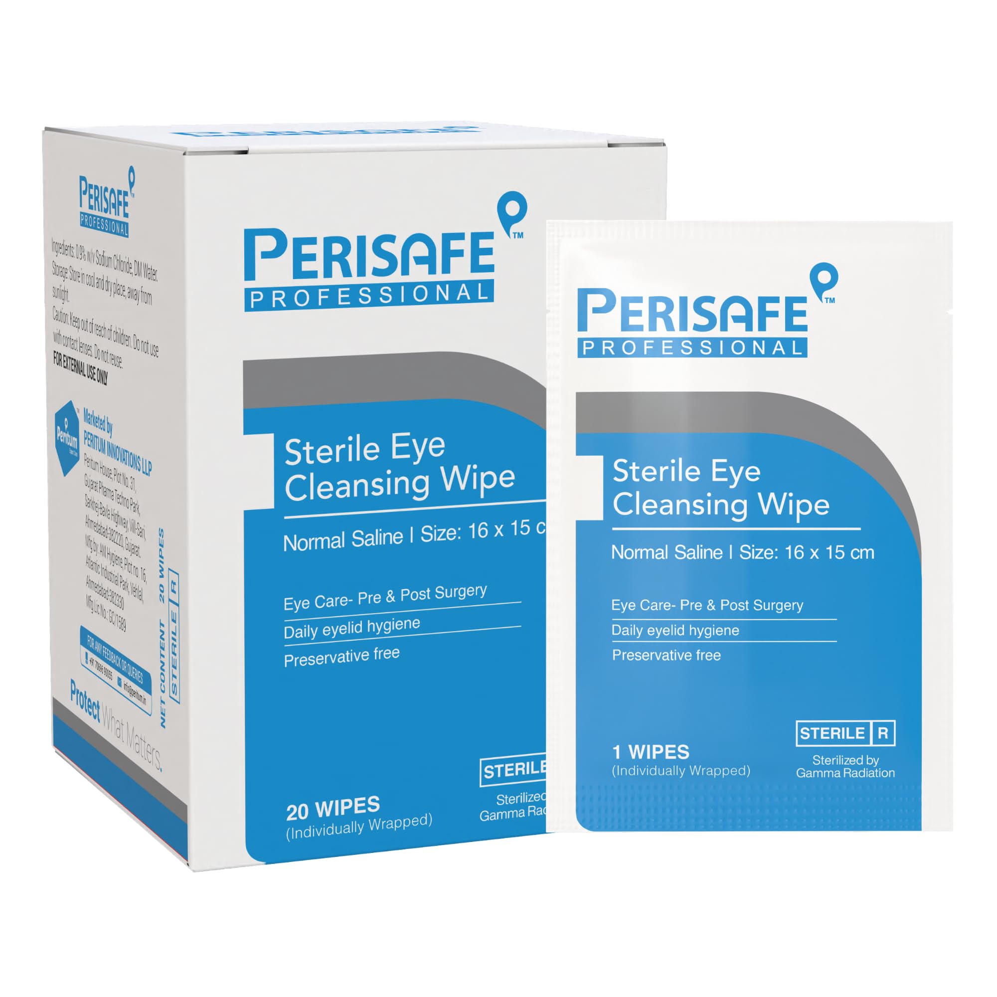 PERISAFE Sterile Eye Cleansing wipe | Normal Saline | Eye Care-Pre & Post Surgery | Daily Eyelid Hygiene | Preservative Free | Pack Of 20 Wipes