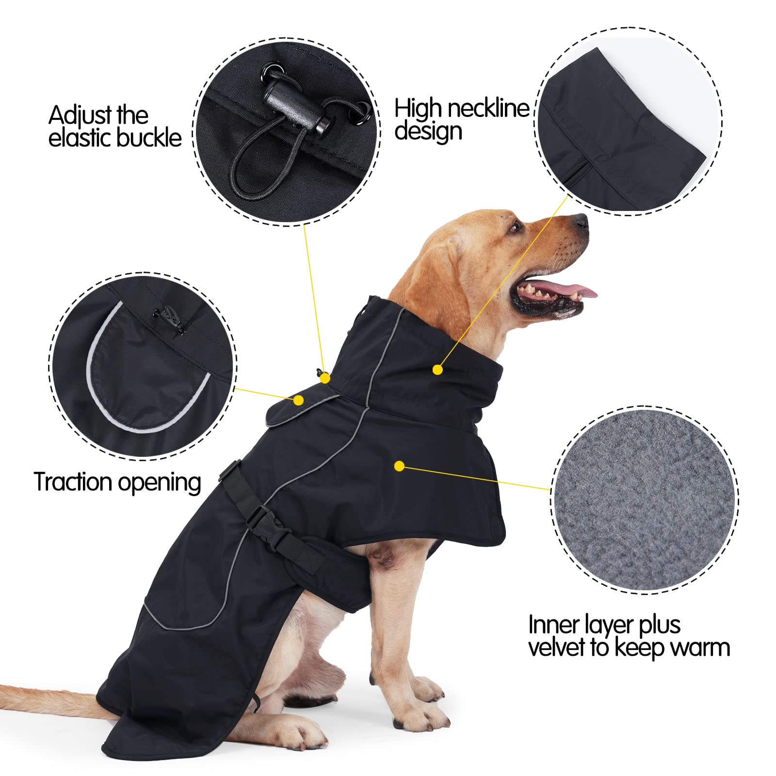 Manteau Imperméable pour Chien avec Doublure en Polaire - Manteau d'hiver Coupe-Vent Veste avec Bandes Réfléchissantes - Veste Chaude pour Chien pour l'intérieur/l'extérieur (Noir, XXL)