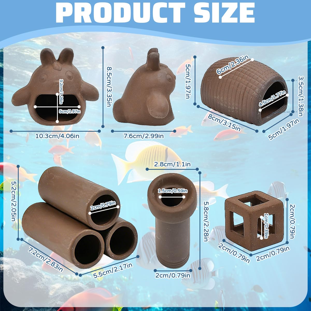 Lot De 5 Caches Et Grotte Aquarium en Argile Violette Décoration Naturelle Poisson-Chat Abri en Céramique Forme Torii Rouleau De Terre Petit Cube Cachette Aquarium