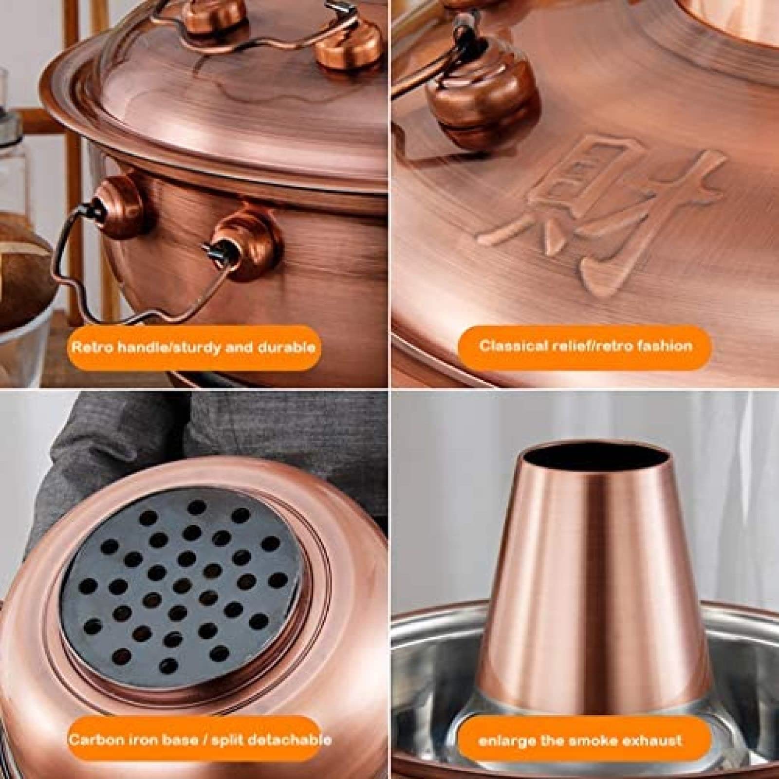 1800W 2 En 1 Olla Caliente Eléctrica Old Beijing Olla Caliente China Cobre Acero Inoxidable Caldera De Sopa Calentada Con Carbón Tradicional Herramientas De Cocina Utensilios De Cocina, 30-36cm,Pl