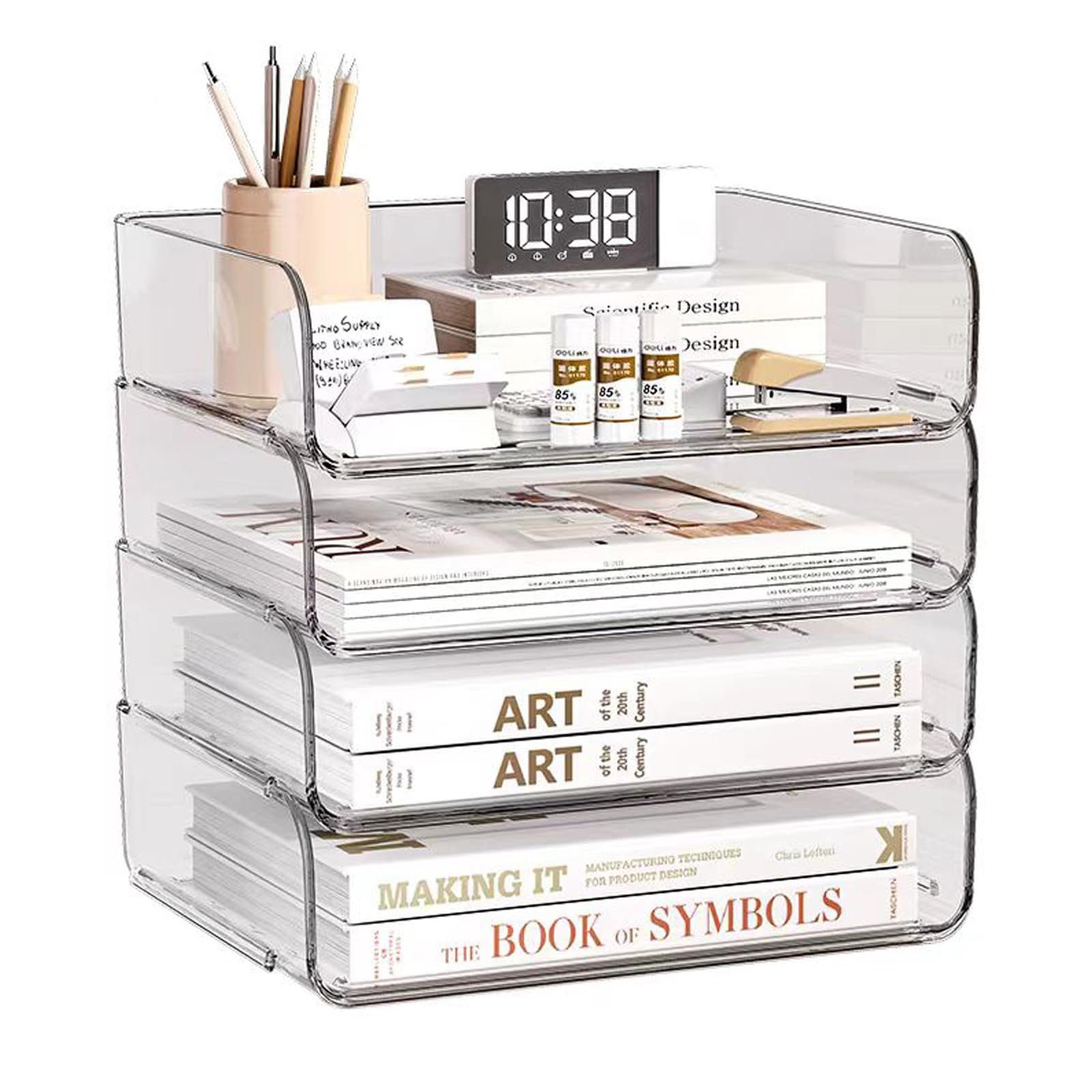 4-Tier Storage Basket for A4, Document Tray Made of PET Plastic, Desk Organiser and Storage for Documents, Paper, Book Magazine Storage, Office Supplies ，4 Pieces