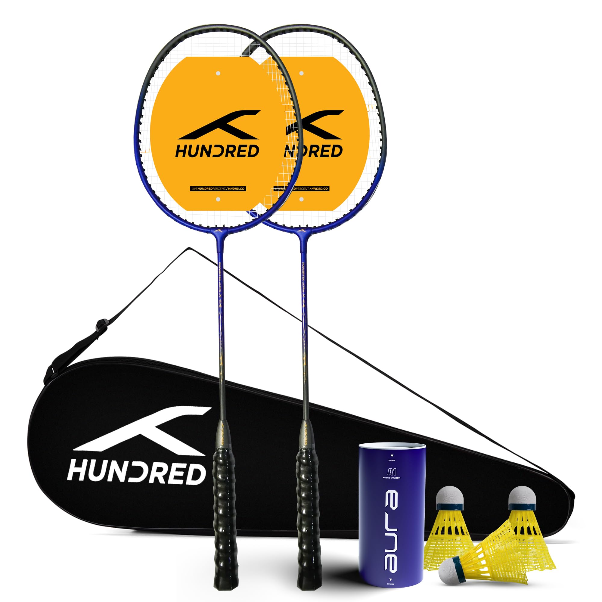 Hundred Powertek Ultra X Combo | Set of 2 Strung Badminton Racket with Full Cover + 3pc Aura Nylon Shuttlecocks | Beginner Friendly Combo