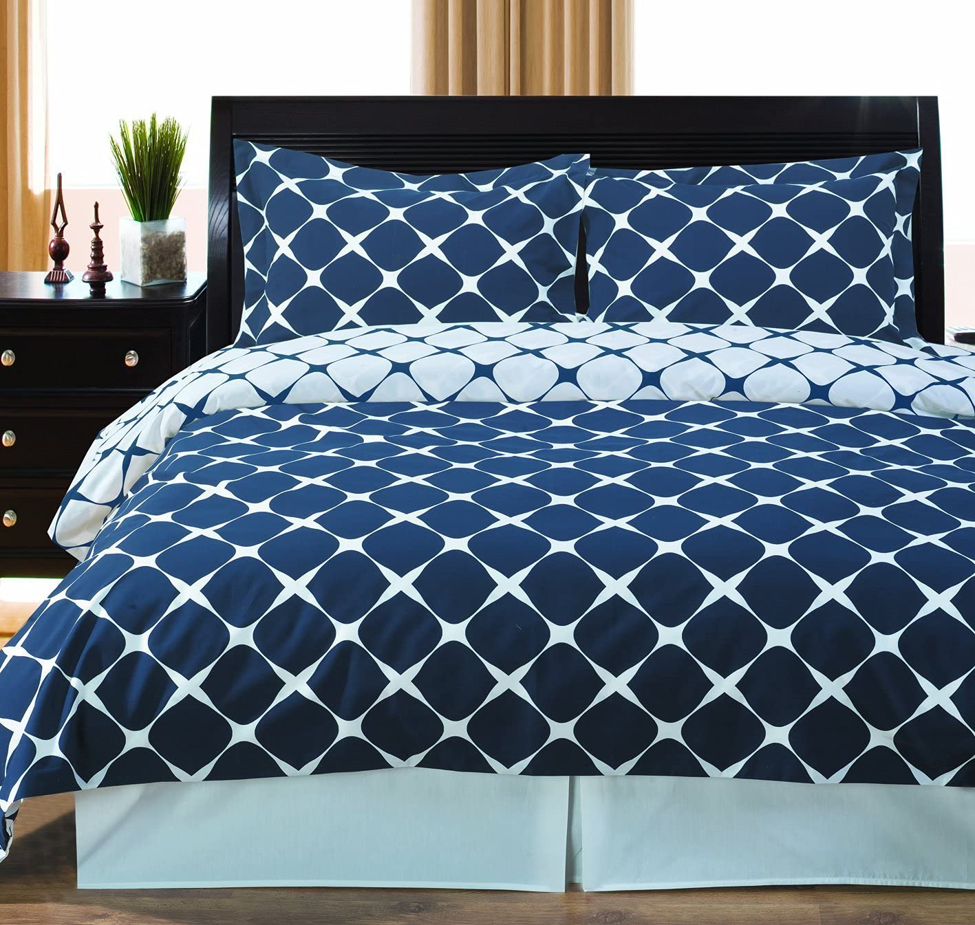 King/Cal-King, Navy/White : Navy and White Bloomingdale 3-PC King/Cal-King Duvet Cover Set, 100% Cotton 300 TC