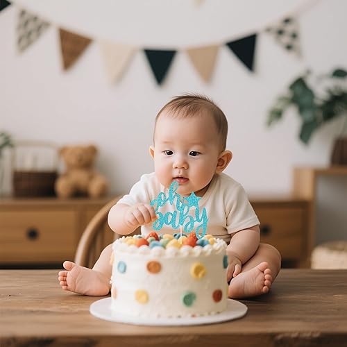 Miniatura 6 de Oh Baby - Juego de decoración para tartas con purpurina, decoración de baby shower azul y rosa con botella de oso, sonajero, chupete, decoración