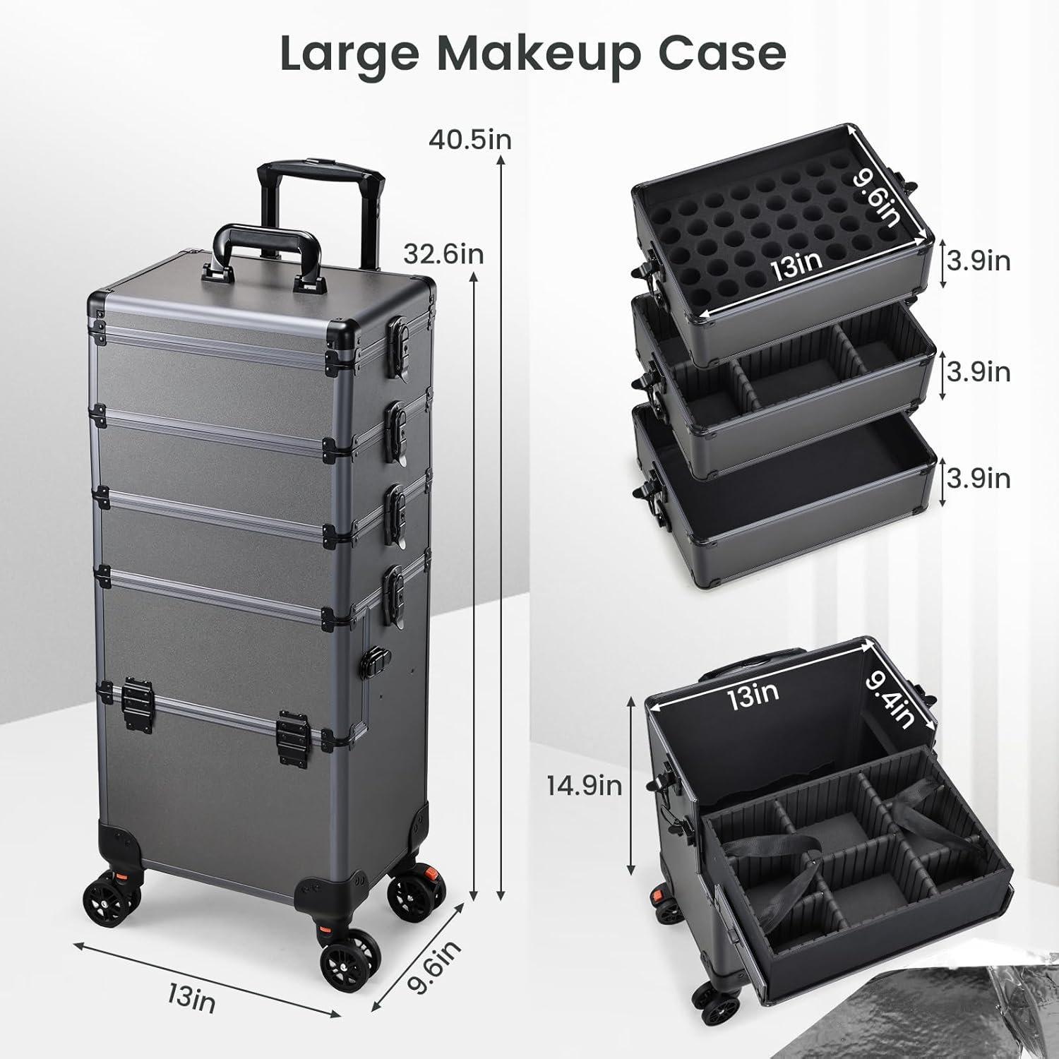 5 in 1 Makeup Train Case, Cosmetology Case on Wheels Travel Make up Case Rolling Nail Cart Makeup Organizer Cosmetic Storage Box Cases Extra Large Trolley Truck, 360° Swivel Wheels, Ashy Grey