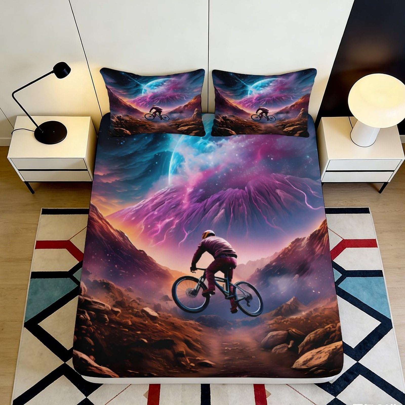 3D Printed Mountain Cycling Fitted Sheet Microfiber Soft Breathable Aurora Bed Sheet for Bedroom Dorm Decor 90x200x25cm