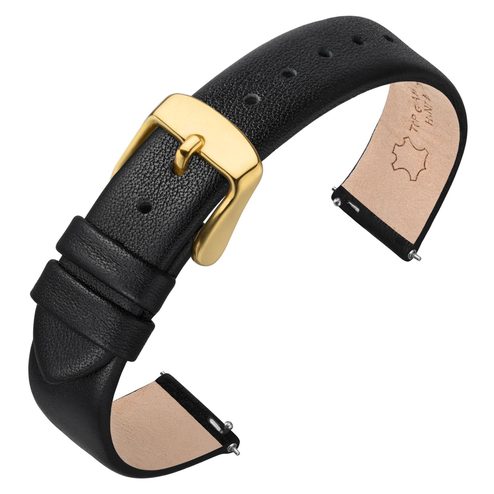 ANNEFIT Watch Bands for Men Women, Top Grain Leather Watch Strap with Quick Release, Band Width 16mm with Gold Buckle (Black)