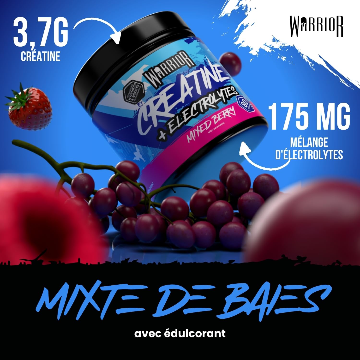 Warrior Créatine Monohydrate + Électrolytes Poudre 360 g, 80 Doses – Créatine Poudre avec Électrolytes, Intra Workout Prise de Masse & Hydratation, Sans Sucre – Mélange de Baies
