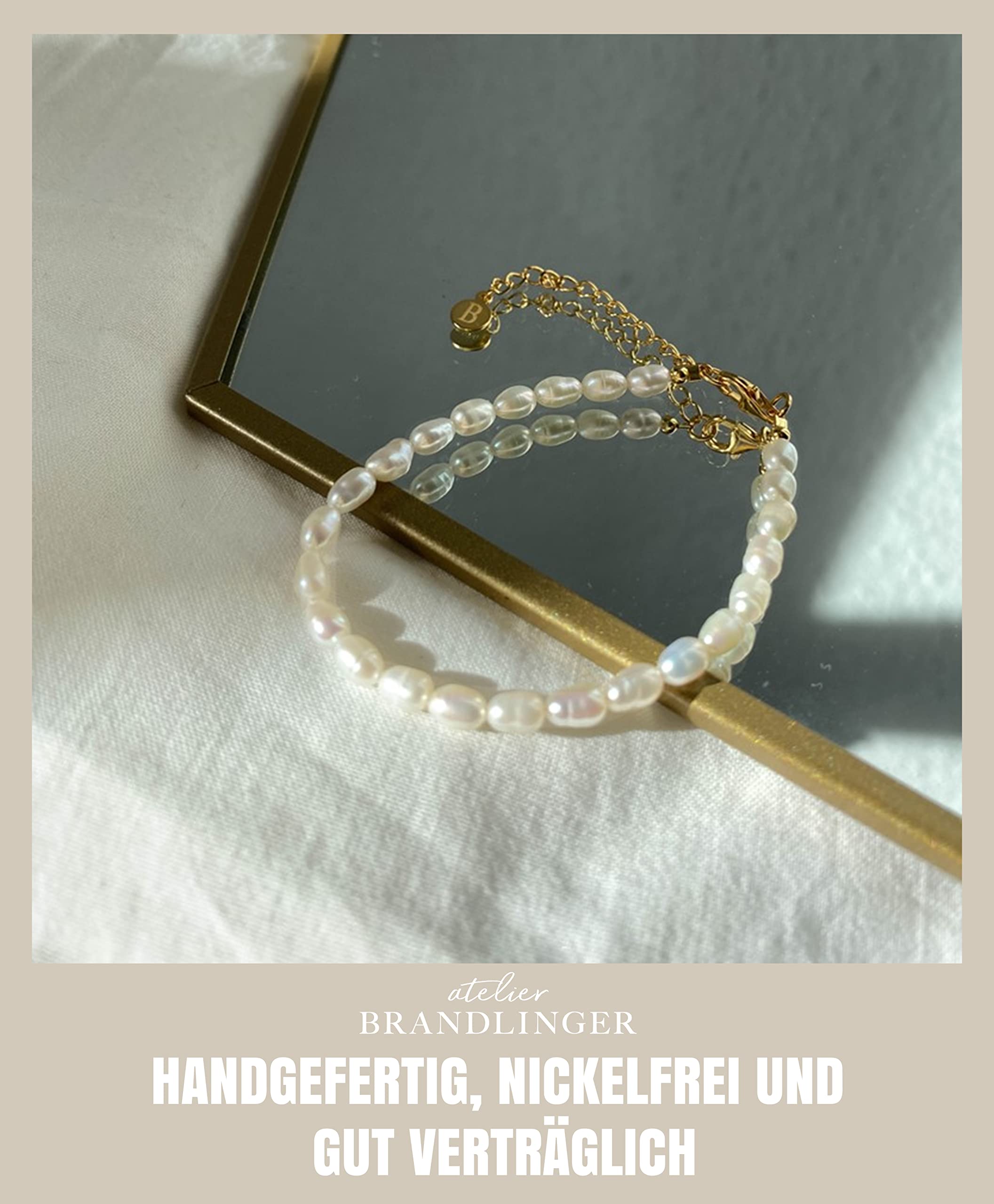 Brandlinger Perlenarmband Damen Silber 925. Armband Perlen vergoldet mit 18 Karat Gold, Schmuck für Frauen und Mädchen. Länge verstellbar 16-20cm.