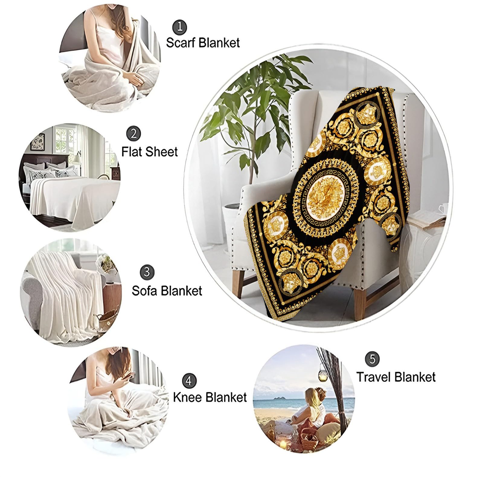 Kuscheldecke Goldenes Retro-Muster Flauschig Fleecedecke als Sofadecke Couchdecke Wohndecke Weiche & Warme Sofaüberwurf Decke 180 x 200 cm