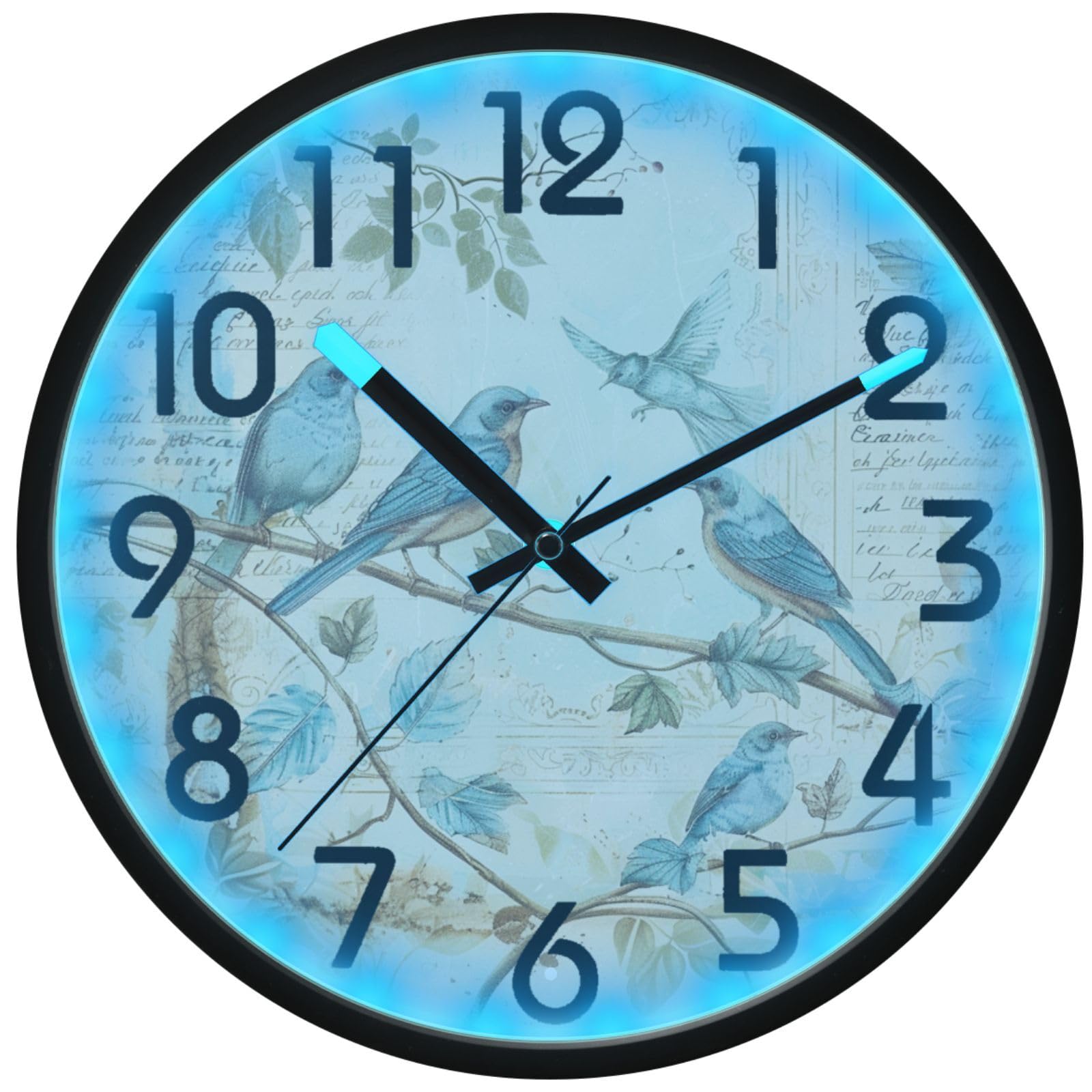Horloge murale LED de 30 cm rétro oiseaux bleus branche feuilles lumineuse grand contrôle sonore