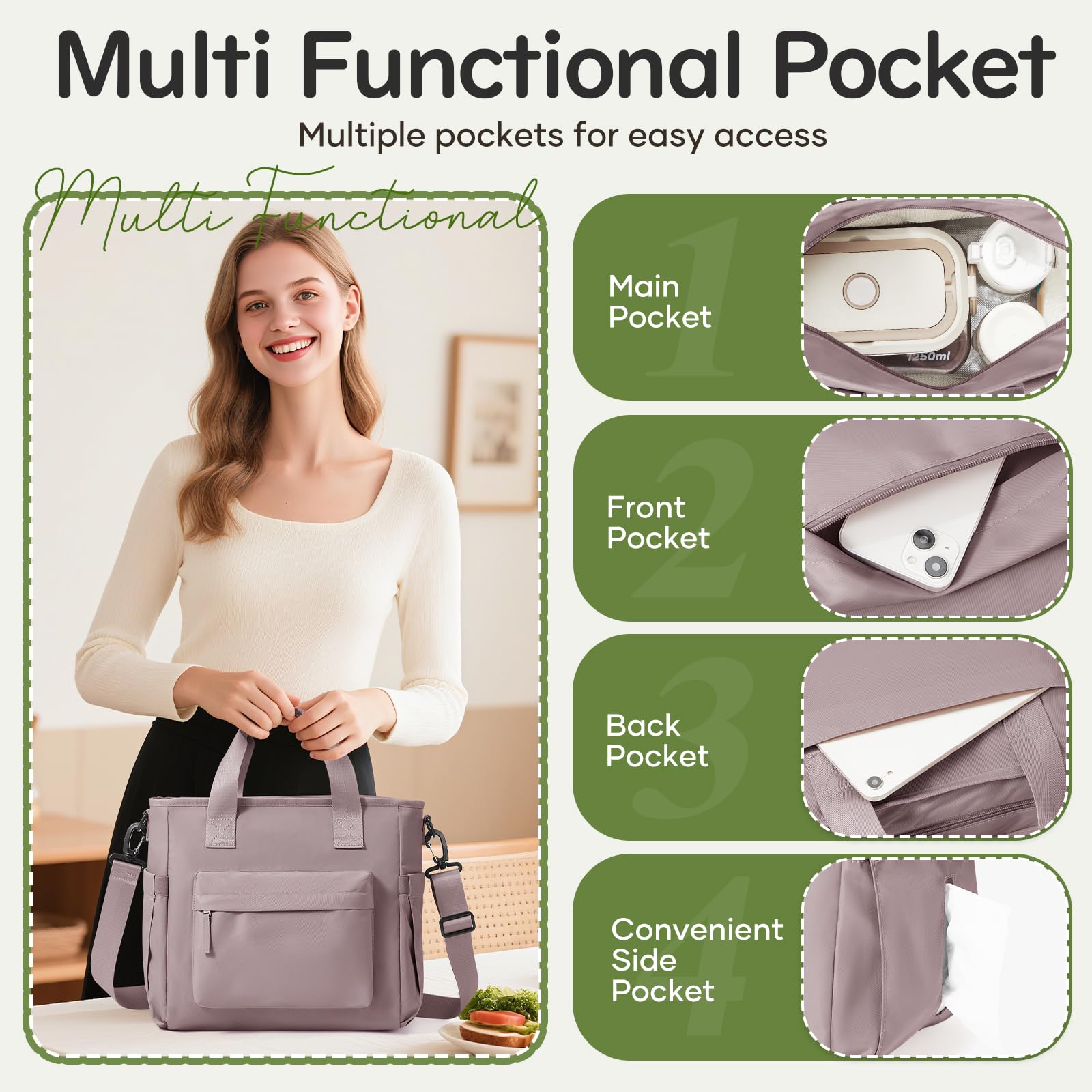 HPLQQ Borsa Termica Porta Pranzo, Borsa Frigo Pranzo per Alimenti Mantenere Caldo o Freddo Lunch Bag per Donna Ufficio, Viaggio, Picnic, Campeggio,A2-Rosa Viola