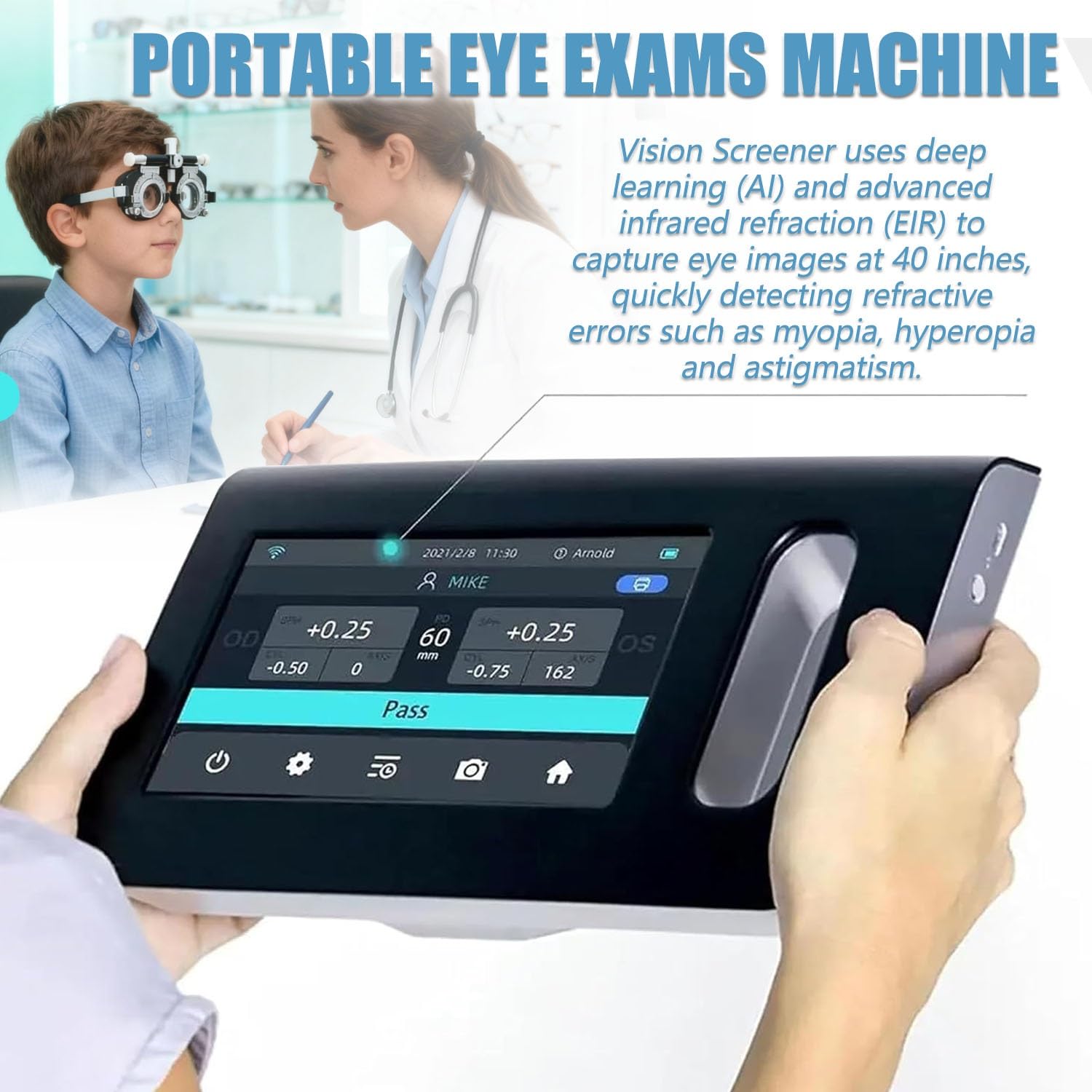 7-calowy okulistyczny aparat do badania wzroku, przenośny autorefraktor, sprzęt optometryczny, okulistyczne instrumenty optyczne, aparat do badania wzroku 0-180°, szybka detekcja 3S
