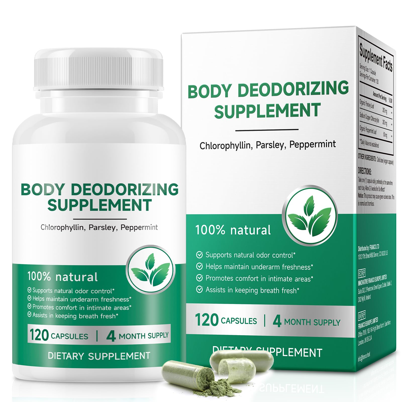 Body Deodorizing Supplement, (120 Capsules) Chlorophyll Capsules for Body Odor, Fresh Breath, Natural Odor Control Chlorophyll Pills for Men & Women,Vegan