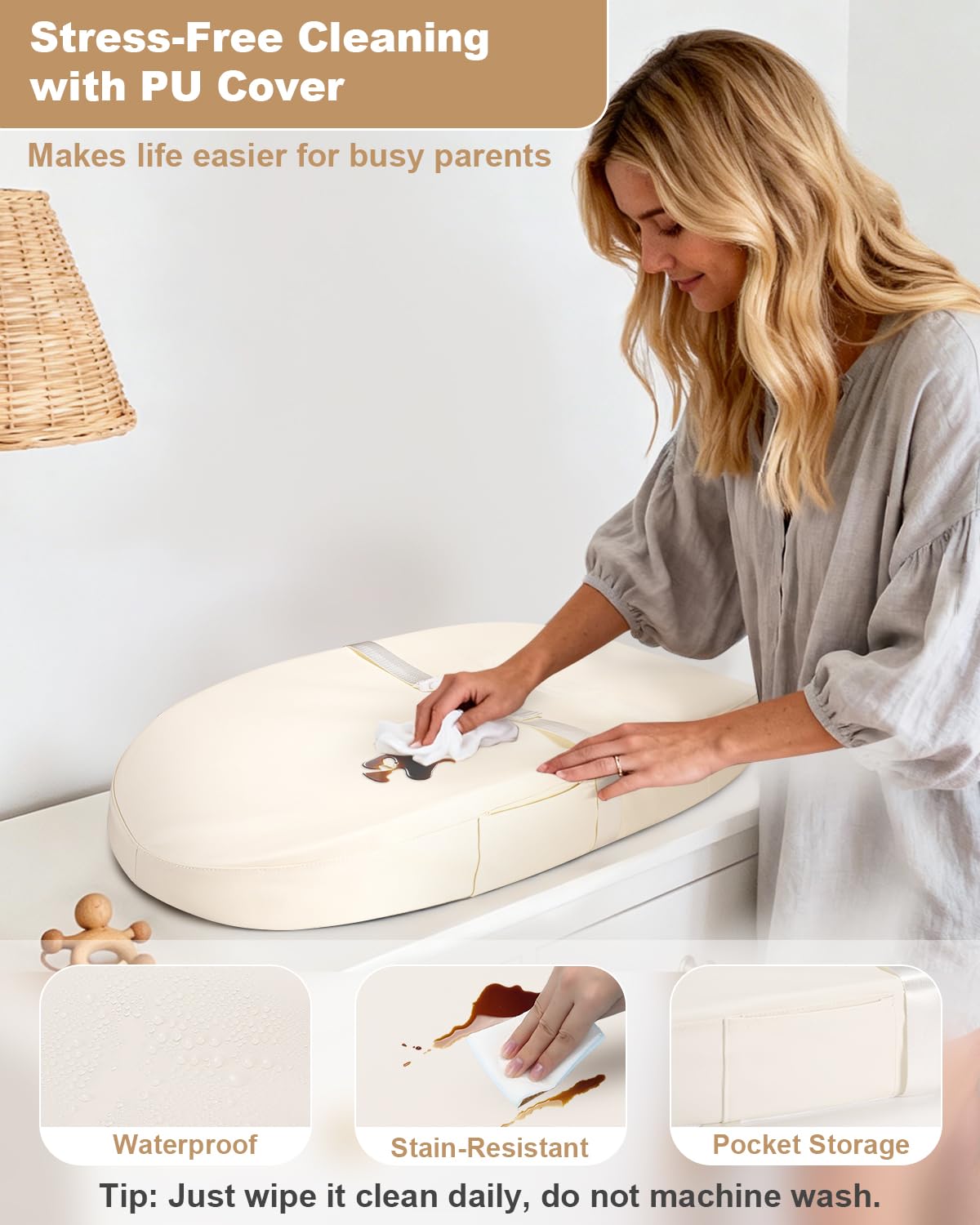 Vegan Leather Baby Changing Mat with Wipeable & Waterproof PU Cover (80 x 40 x 10cm) Baby Nappy Changing Mat for Dresser with Anti-Roll & Non-Slip Safety Belt & Storage - Image 2