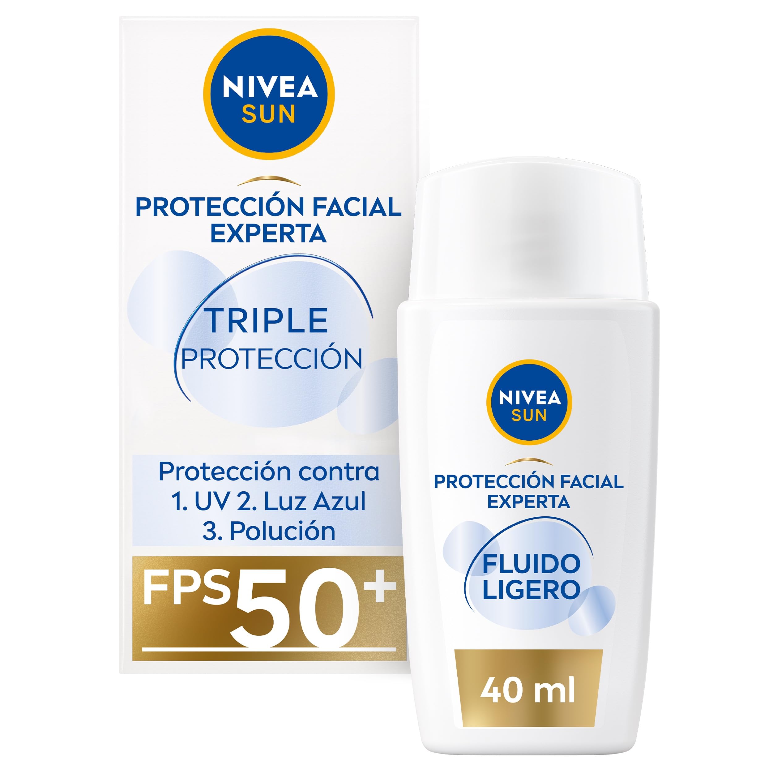 NIVEA SUN Crema solar Triple Protección FP50+ con ácido hialurónico (40 ml), protector solar facial 50+ ultraligero hidratante, protección solar contra UV, luz azul y polución