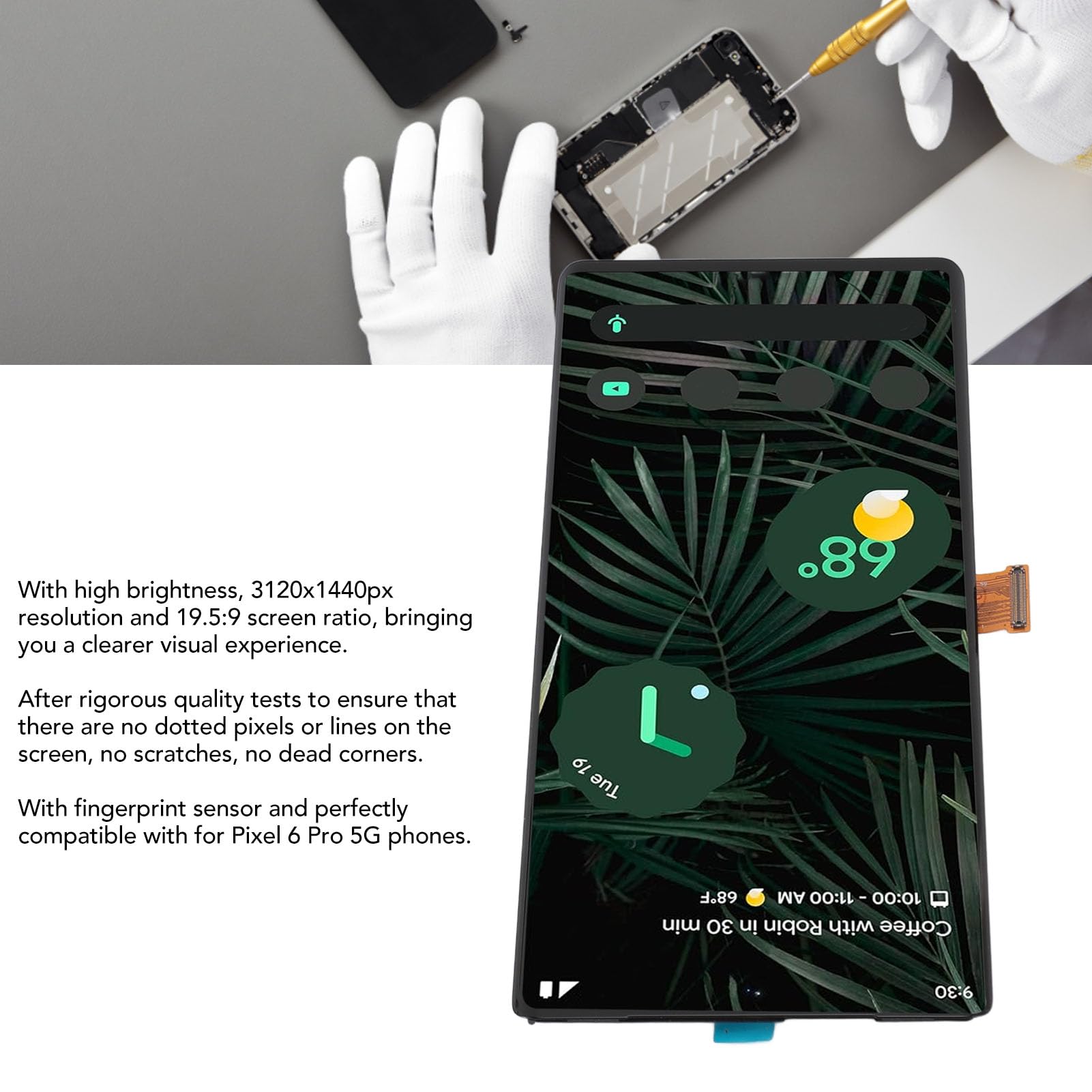 Screen Replacement Kit for Pixel 6 Pro 5G 8VOU GLUOG, Touch Display Digitizer Assembly Kit with Fingerprint Sensor, Phone Screen Replacement with Repair Tool