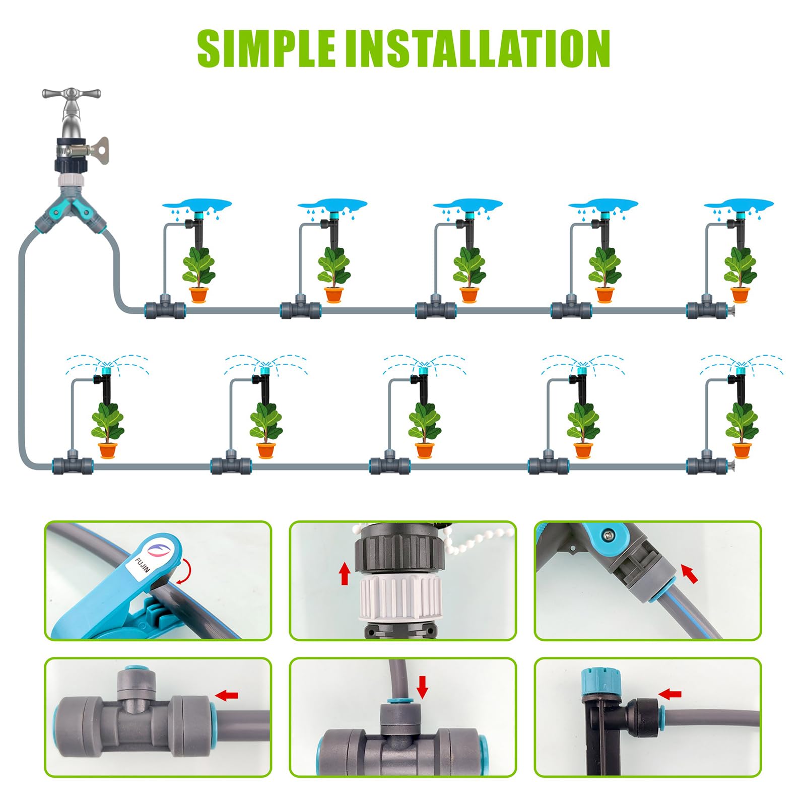 Sistema de riego por goteo de 99 pies, kit completo de riego automático por goteo con conector rápido, sistema de riego de jardín para plantas en maceta con tubo de riego de 12 mm y 6 mm, emisores