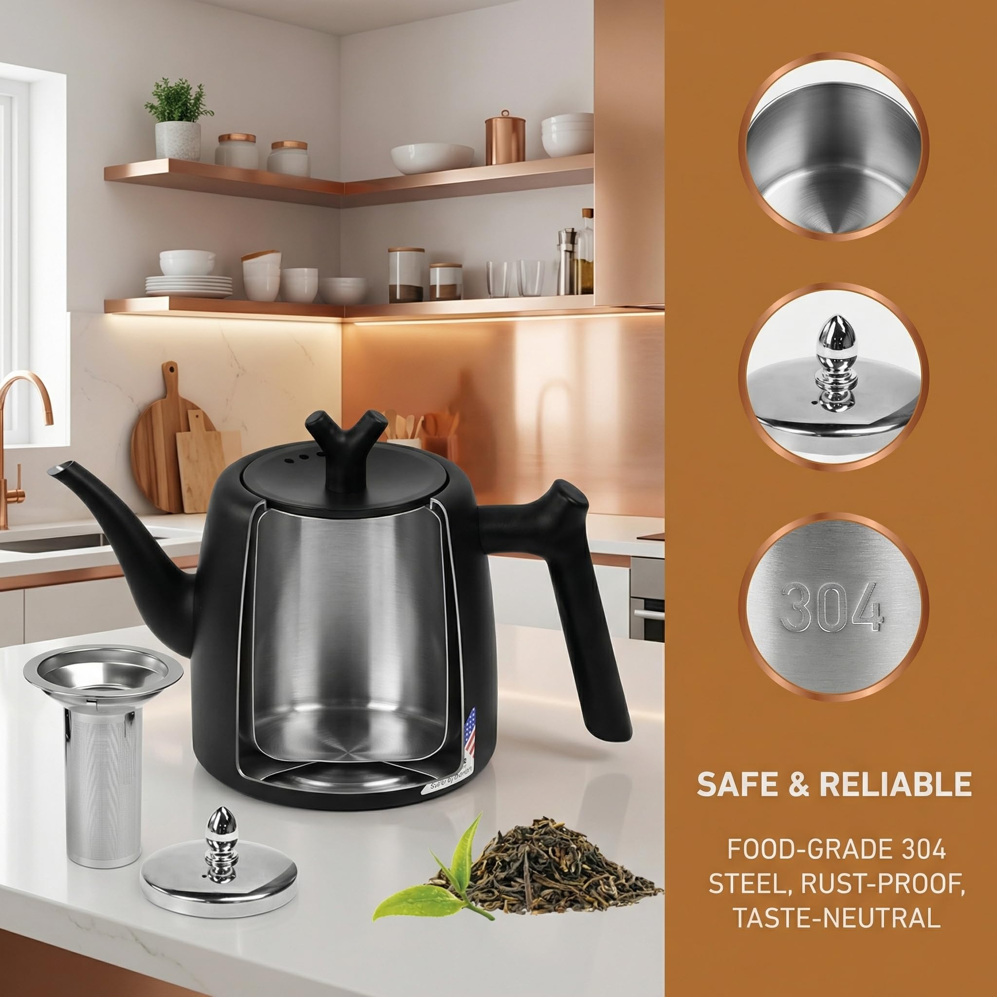 Teekanne 304 Edelstahl Thermo Teekanne 2L Thermoskanne Tee mit Siebeinsatz Schwarz Teebereiter Doppelwandig Isolierkanne Hitzebeständige Tee Kanne Teapot mit Griffe für Ingwer