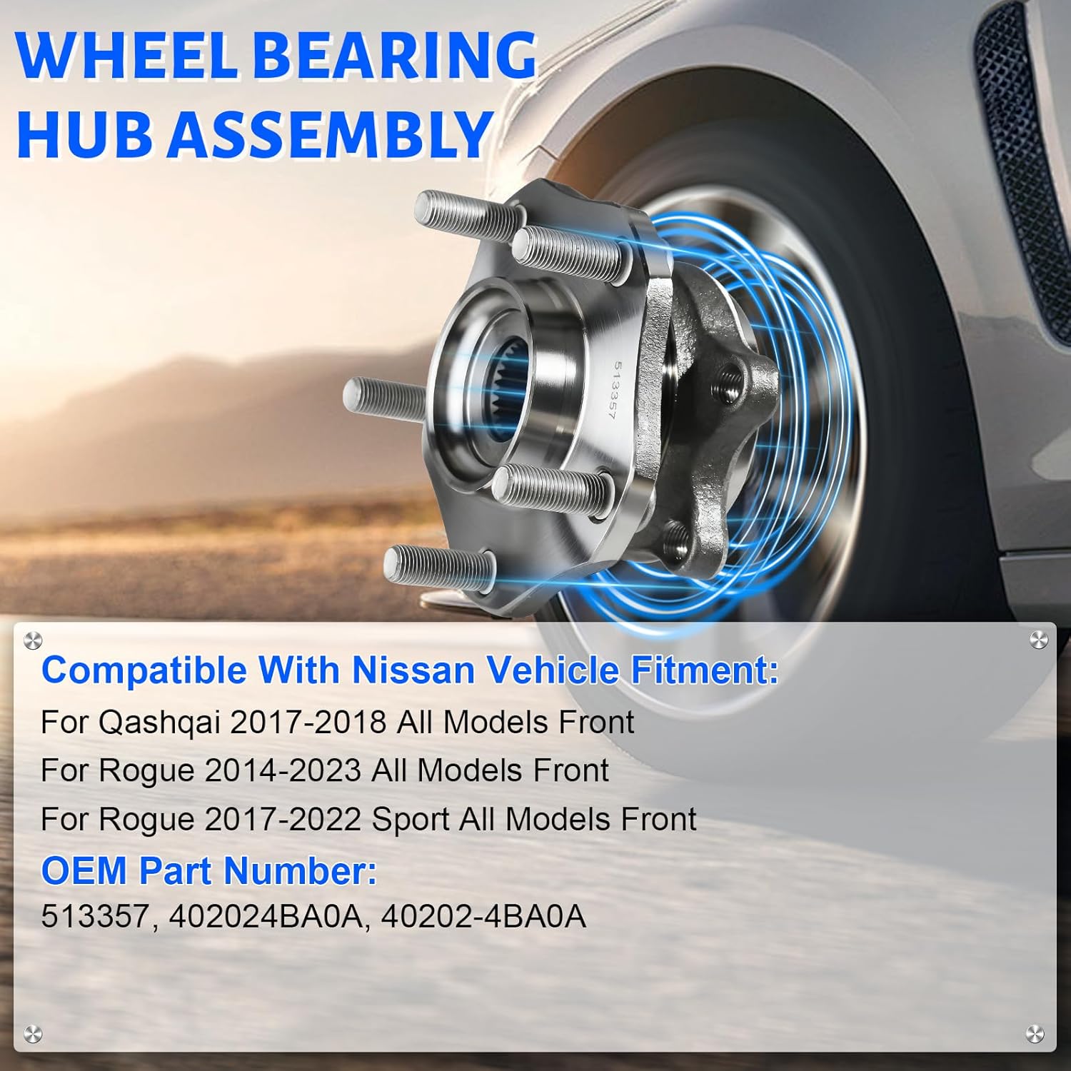 2 x 513357 Front Wheel Bearing Hub Assembly with 5 Lug Compatible with Nissan Rogue 2014-2023, Fit for Nissan Qashqai 2017-2018, Fit for Nissan Rogue Sport 2017-2022