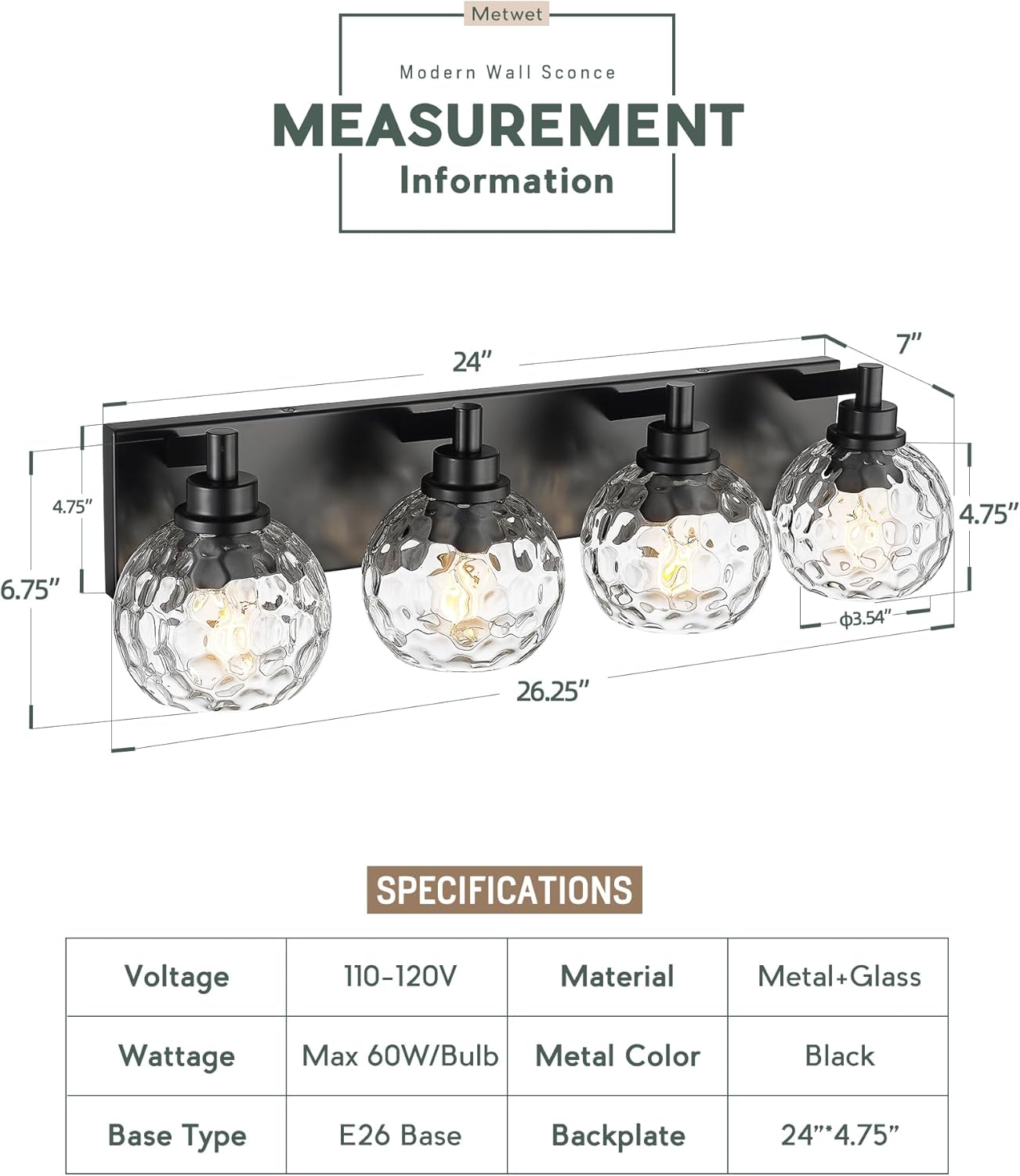 metwet bathroom light fixtures over mirror, 26" matte black vanity light with clear hammered glass globe shade, 4-light modern sconces wall lighting for bedroom hallway, vl200-mb-cl-4 black, hammered glass 4-light