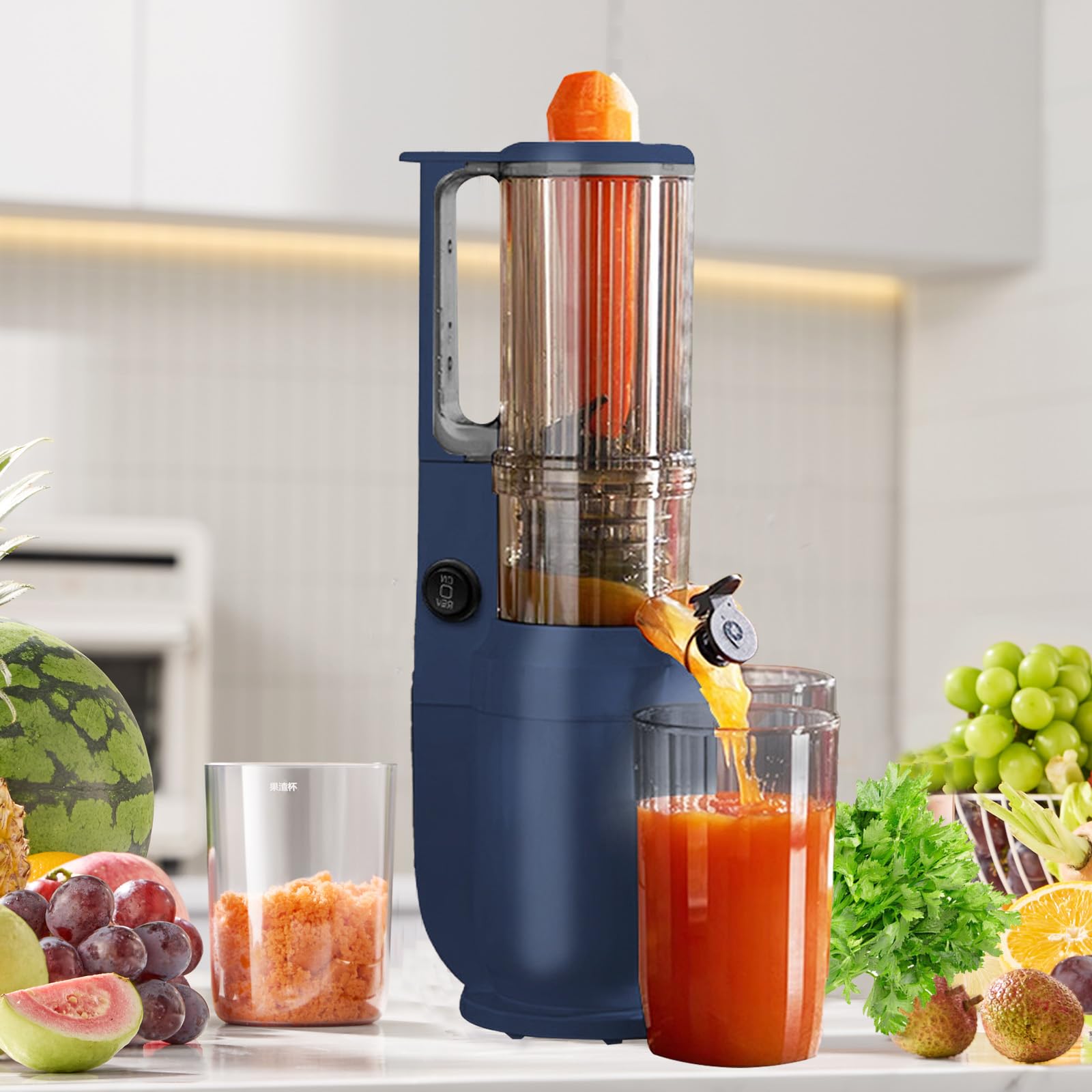 Slow Juicer mit 82 mm Breitem Einfüllschacht,Gemüse Saftpresse Elektrisch,Limettenpresse,Obst Entsafter 550ML Füllvolumen,250 W Kaltpress-Entsafter mit 2 Saftglas Leicht zu Reinigen