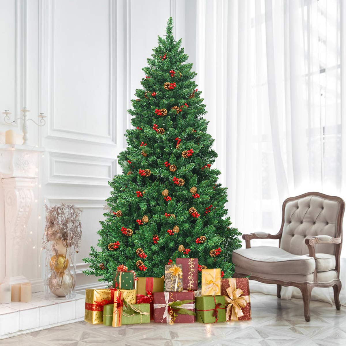 RELAX4LIFE 200 cm Künstlicher Weihnachtsbaum mit Beleuchtung, Tannenbaum mit 450 warmweißen LED-Lichtern & Tannenzapfen & rote Beeren, Schnellaufbau Klappsystem, Christbaum für Zuhause & Büro, Grün