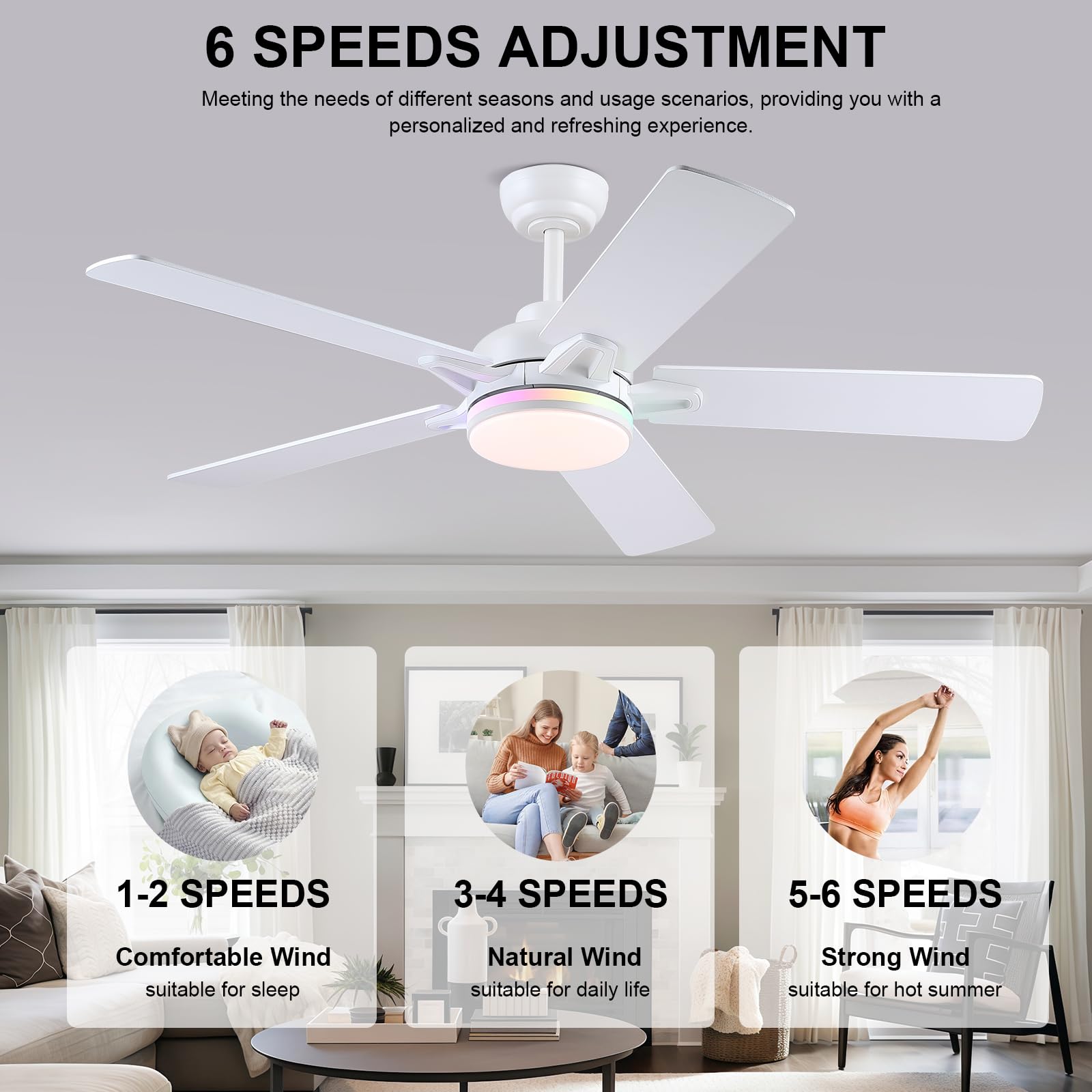Kviflon RGB Ventilateur Plafond avec Lumiere Silencieux 132 cm, Ventilateur de Plafond avec Telecommande et APP, Plafonnier Ventilateur Led pour Chambre Salon, Réversible, Pales en Bois, Blanc