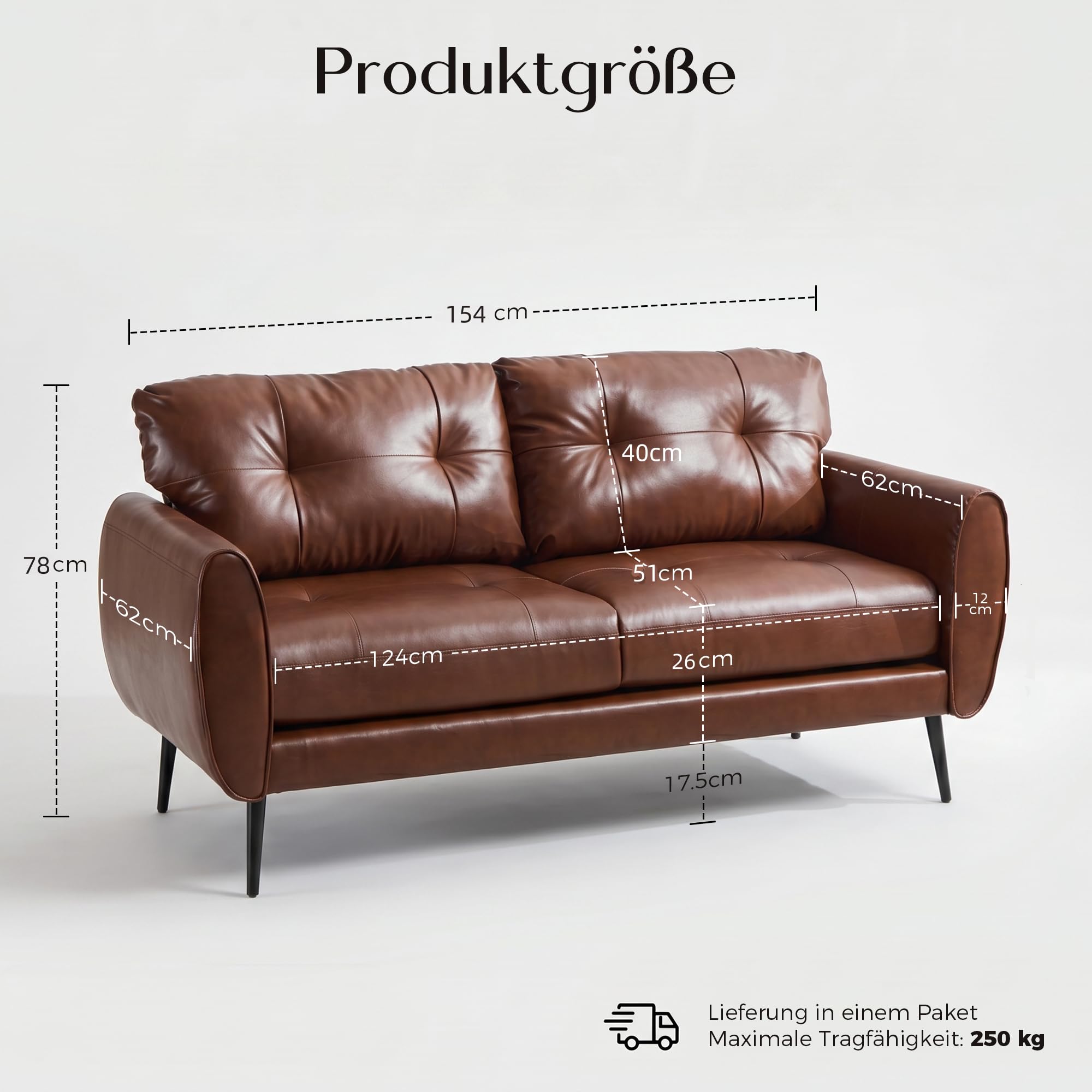 ROCSUMOO Kleiner 2-Sitzer-Sofa, Modernes Brauner Ledersofa, Comfy 2-sitzige Couch kunstledercouch 2er für Kleinwohnungen Wohnzimmer Schlafzimmer (Braun, 1er Set)