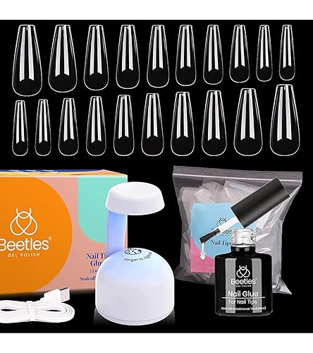 Beetles - Kit de extensión de uñas de gel fácil con 500 puntas de uñas de gel suave, forma de ataúd 2 en 1, base de pegamento de uñas y lámpara LED