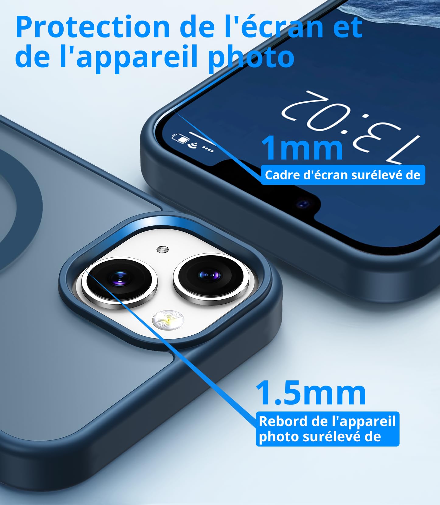 Vansdon Magnétique Coque pour iPhone 13 / iPhone 14 avec 1 Verre Trempé, Compatible avec MagSafe, Protection Contre Les Chutes de qualité Militaire, Coque Mat Translucide Fine Antichoc -Bleu Foncé