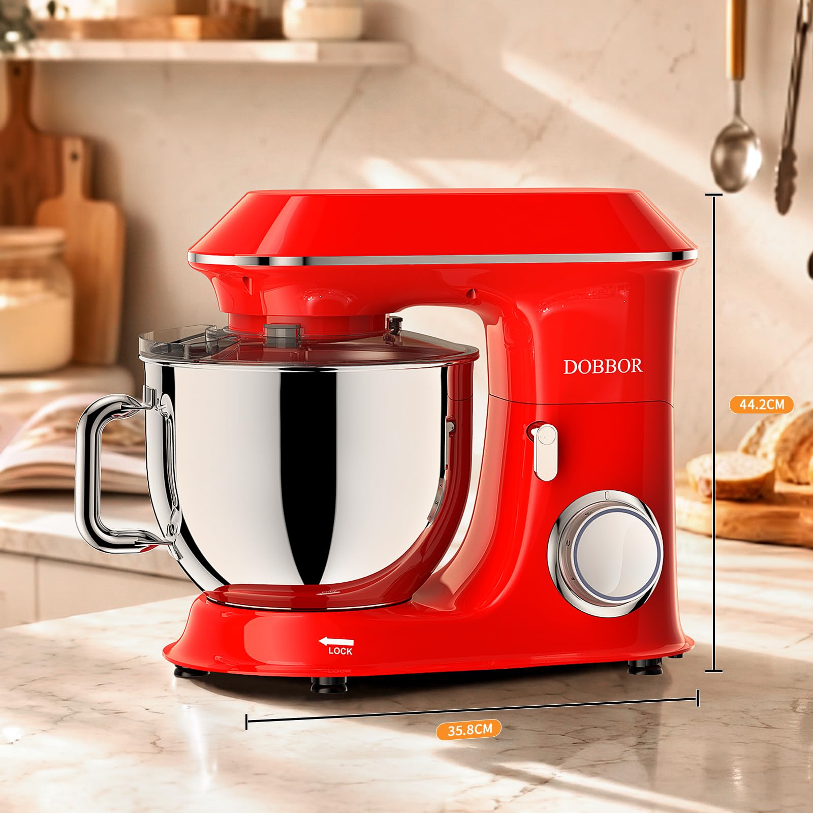9.5Litri Impastatrice planetaria, DOBBOR 1500W Robot da Cucina con ciotola di acciaio inossidabile, 7 velocità con Gancio per Impastare, Frusta, Sbattitore, Ciotola e Coperchio (Rosso)