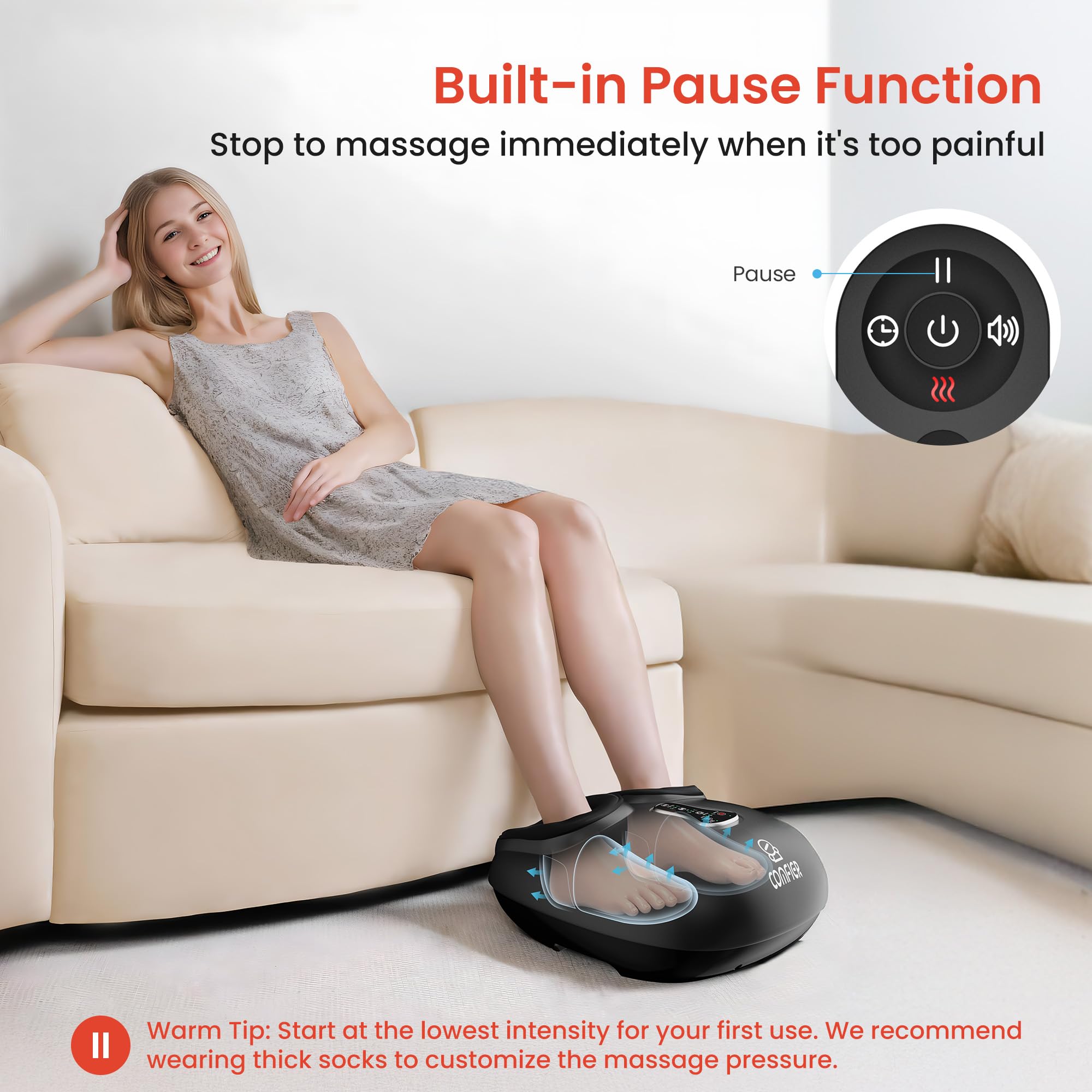 COMFIER Machine de massage des pieds avec chaleur, masseur de pieds Shiatsu, chauffe-pieds, télécommande, paramètres personnalisables pour une utilisation à domicile ou au bureau, cadeaux pour homme