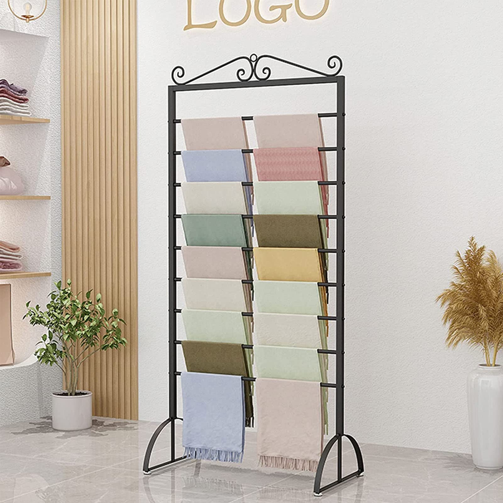 Organizador de bufandas reversible de pie, colgador de metal que ahorra espacio para chales, cinturones, pantalones, barra de armario multifuncional