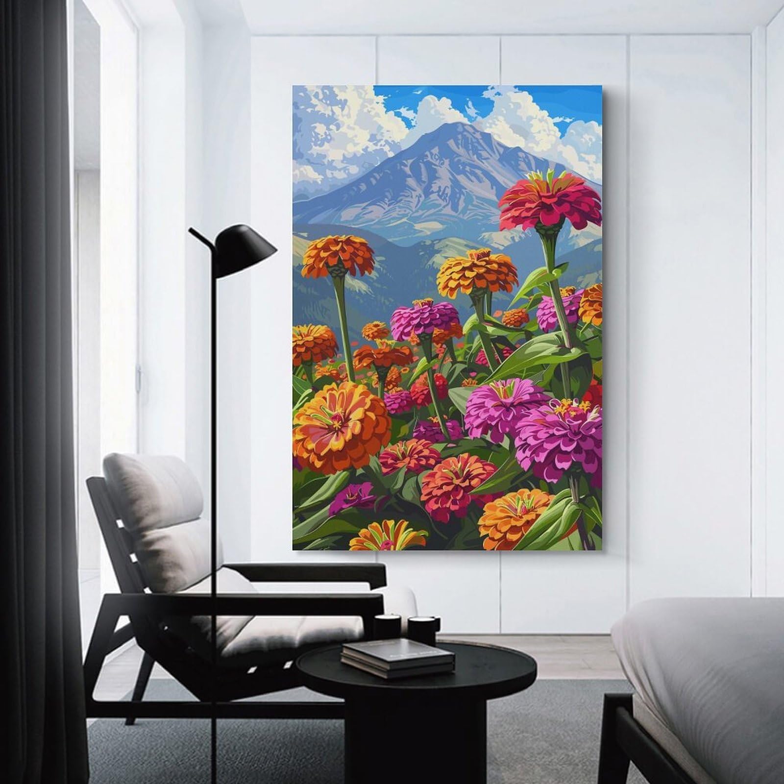 Junmoney Mountainside Zinnia Field Room Decor Wall Art 20x30inch(50x75cm), for Bedroom Walls, Guest Spaces Or Lounges, An Easy Wall Refresh for Bedrooms