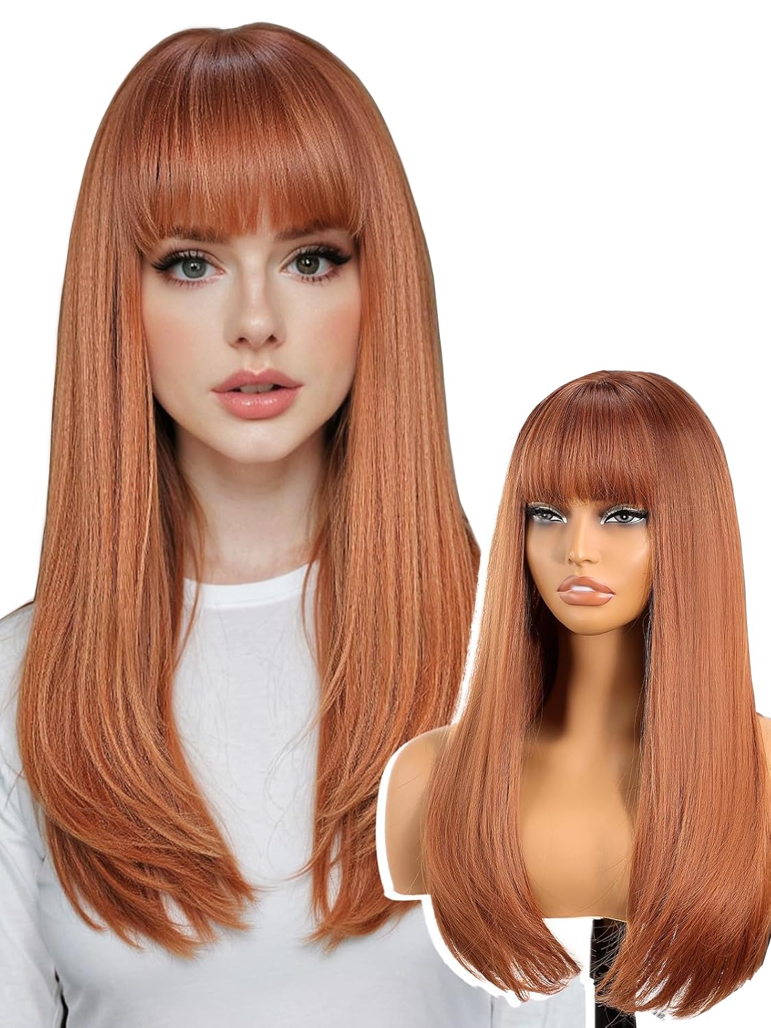PORSMEER Long Wigs for Women with Bangs Long Straight Natural Layered Wavy Wigs Synthetic Heat Resistant Hair for Girls Daily Party Use (Auburn)
