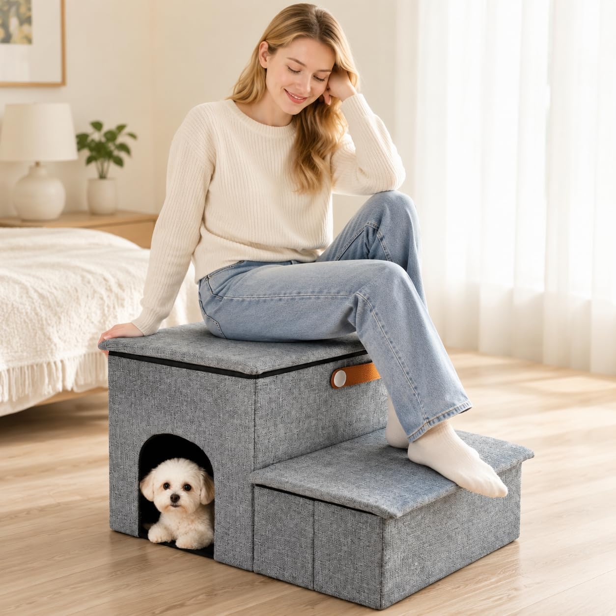 Escalera para Perros Pequeños, Rampa para Gatos con Almacenamiento, Escaleras Plegables para vía Sofá