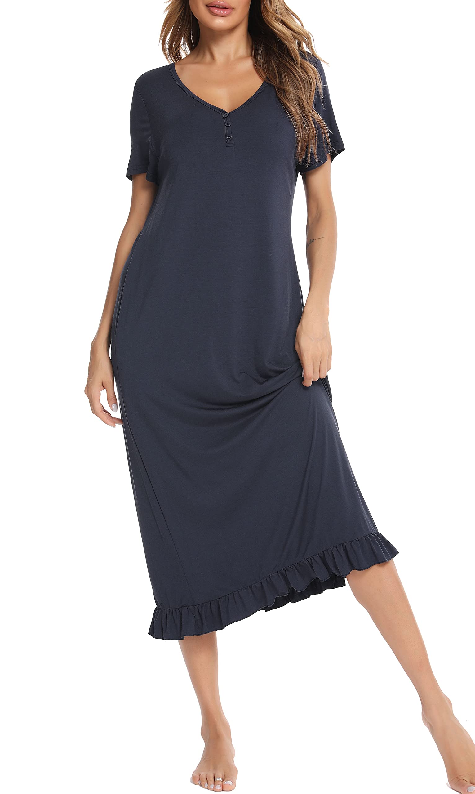 Women's Nightdress Ruffle Hem Nightshirts V Neck Long Sleep Dress Nightgown Sleepwear