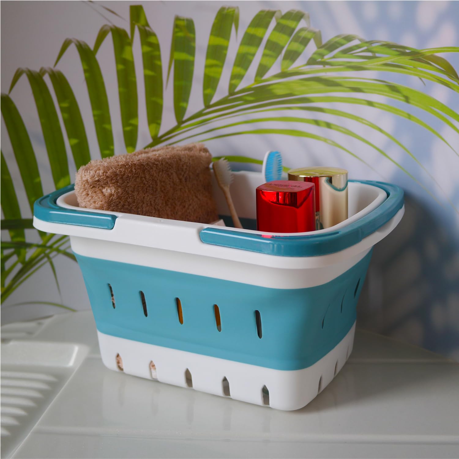 Collapsible Plastic Shower Caddy with Handle, Perforated, Portable Bathroom Organizer for Bedroom, Camping & RV (Orange, 2-Pack)