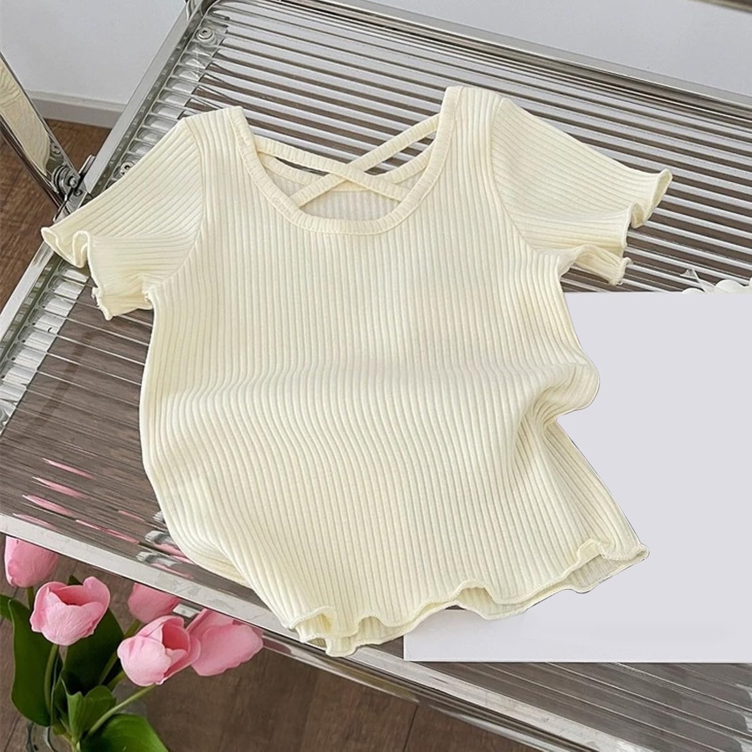 Girls Ribbed Knit T-Shirt Short Sleeve Knit Tops Kids Toddler Girls Flowy Ruffle Trim Blouse Cute Tops Solid Casual Tees