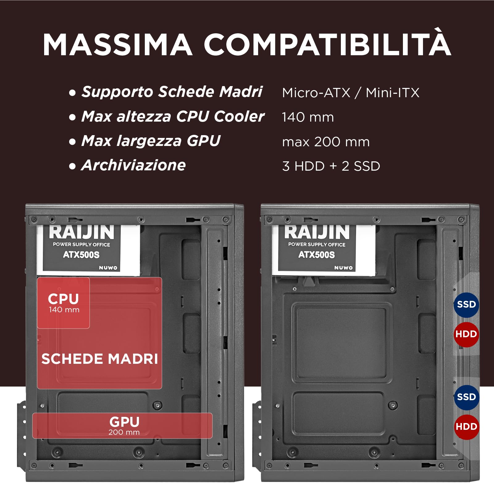 Nuwo Opal ZK550 | Case PC Compatto MicroATX | Alimentatore 500W | Case PC Desktop Office Mini Tower mATX | USB 3.0 | Nero