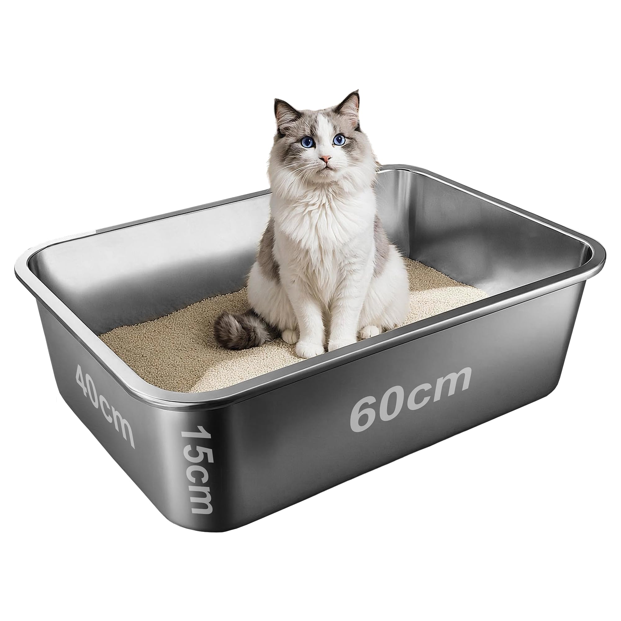 Lettiera per gatti in acciaio inox, XXL, facile da pulire, resistente agli odori, 60 x 40 x 15 cm, rivestimento antiaderente, adatta per gatti grandi e piccoli, conigli