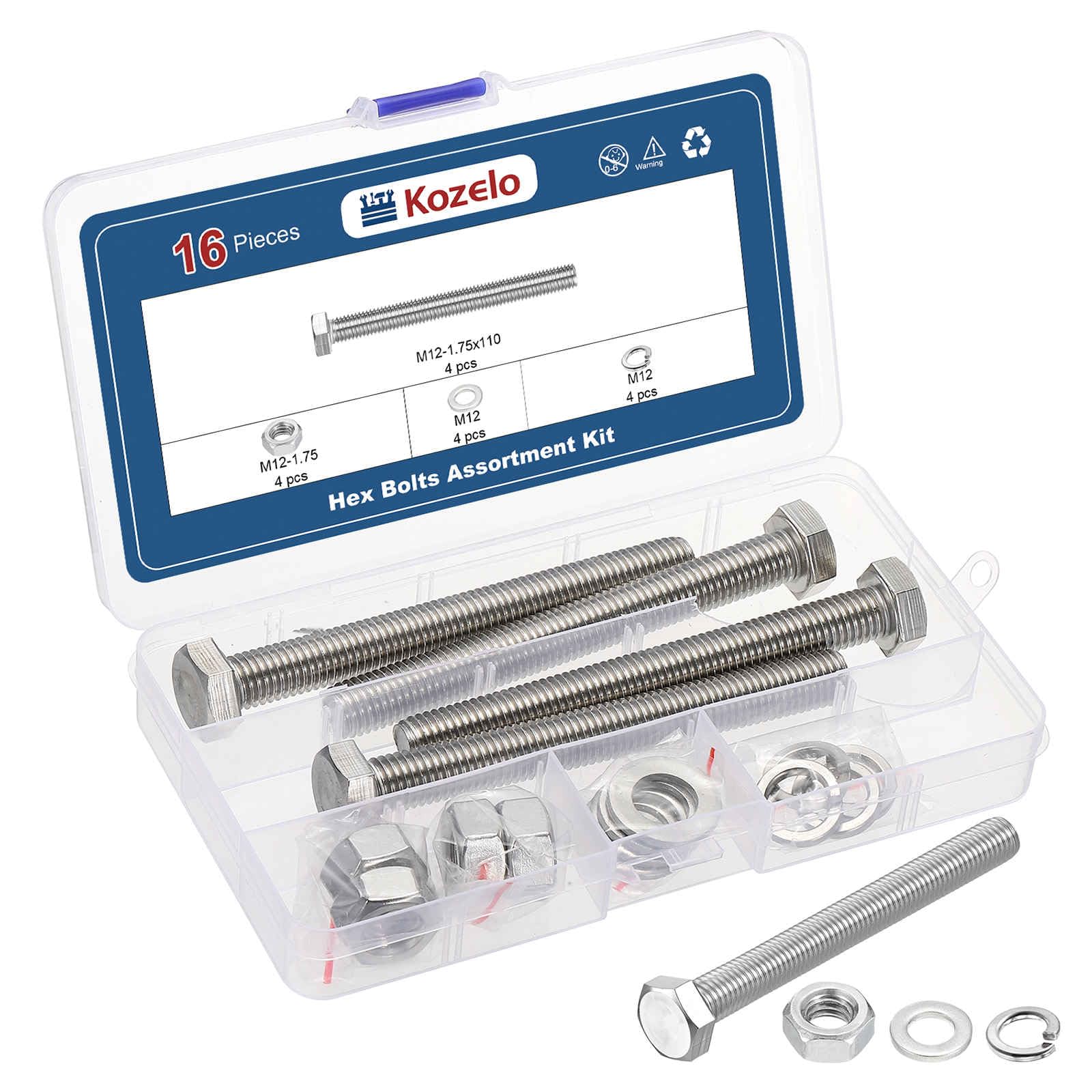 Kozelo 16 Pcs Bolts and Nuts Washers Kit - [M12-1.75x110] 304 Stainless Steel Hex Tap Bolt Assortment Fully Threaded Hexagon Head Machine Bolts Right Hand External Hex Drive, Silver Tone — image 1