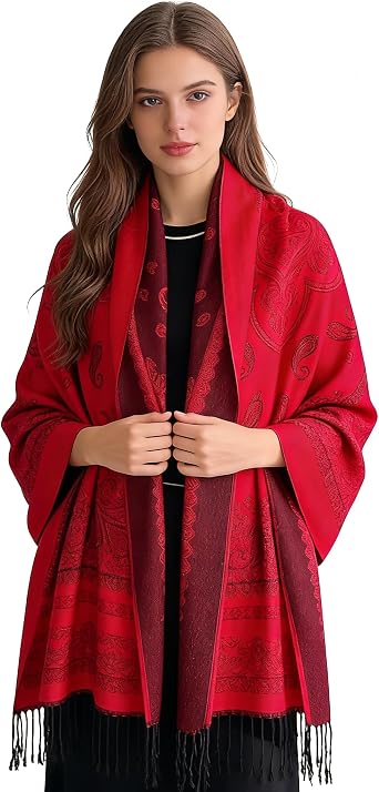 Womens Oversized Paisley Pashmina Scarf, Cashmere Feel Shawl Wrap with Tassel, Two-Tone Weaving Pattern Cape