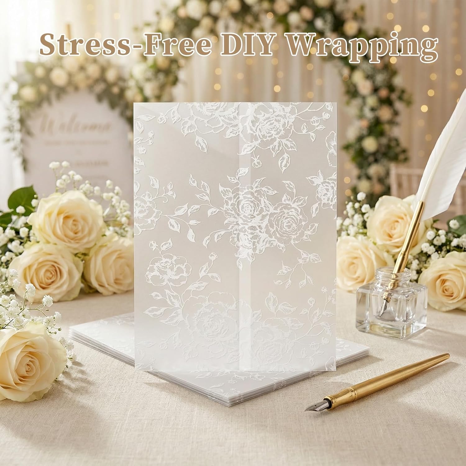 Vellum Jackets for 5x7 Envelopes for Invitations Wedding Envelopes Vellum Paper Kit Sleeves Pre-Folded Floral Wraps Jacket Wildflower for Craft (White Rose, 100)